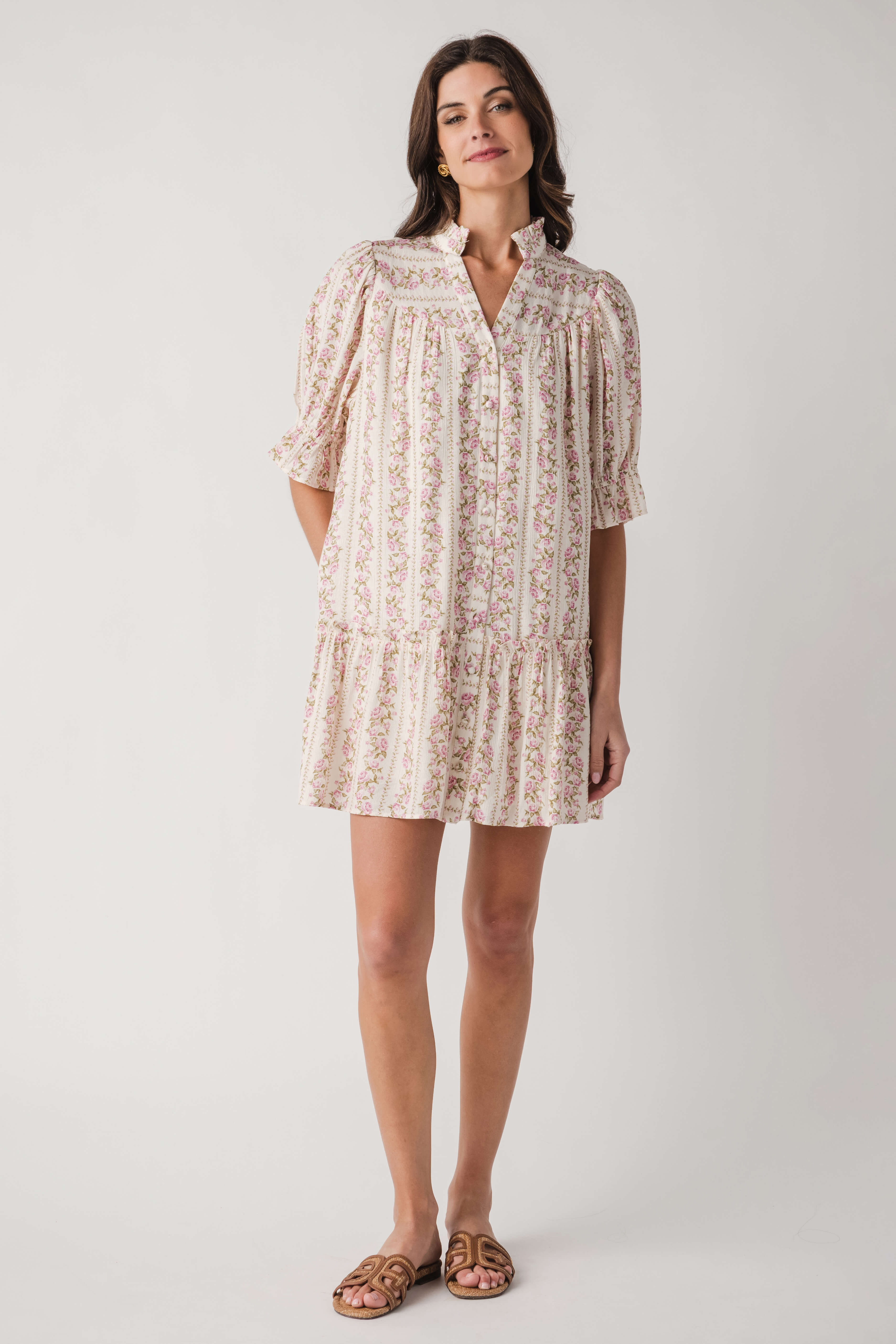 Fate Floral Print High Ruffled Collar Button Down Dress