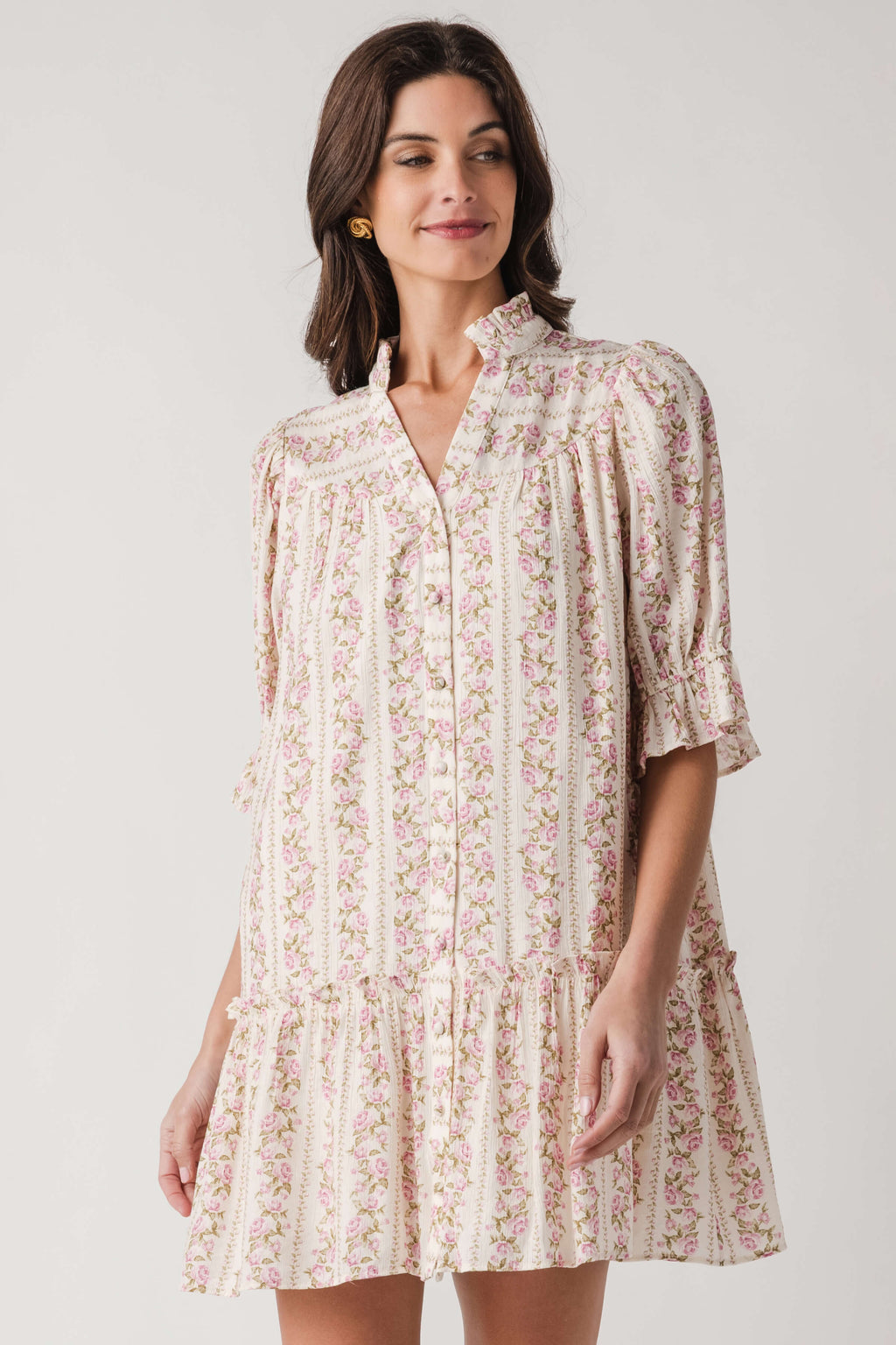 Fate Floral Print High Ruffled Collar Button Down Dress