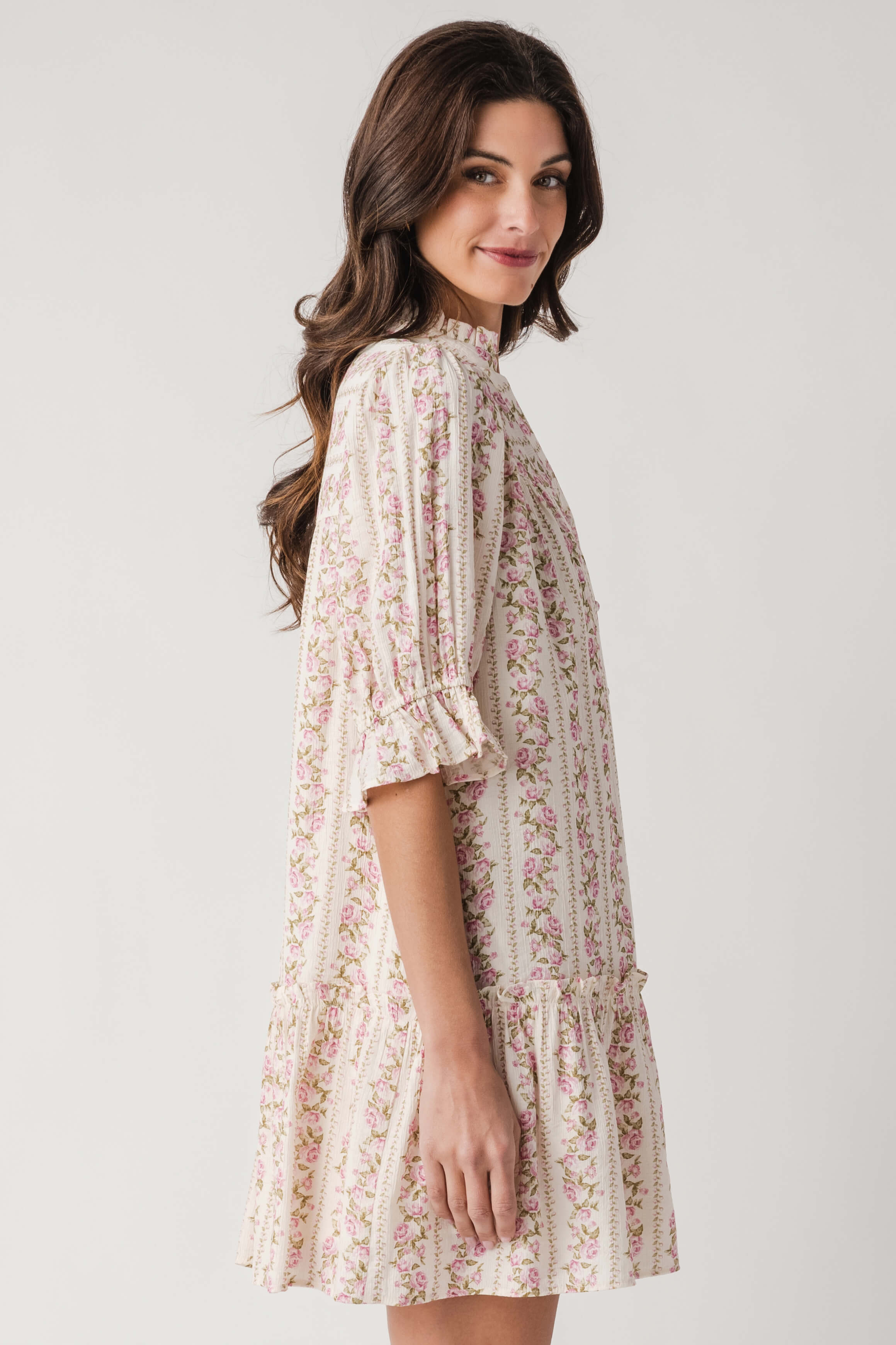 Fate Floral Print High Ruffled Collar Button Down Dress