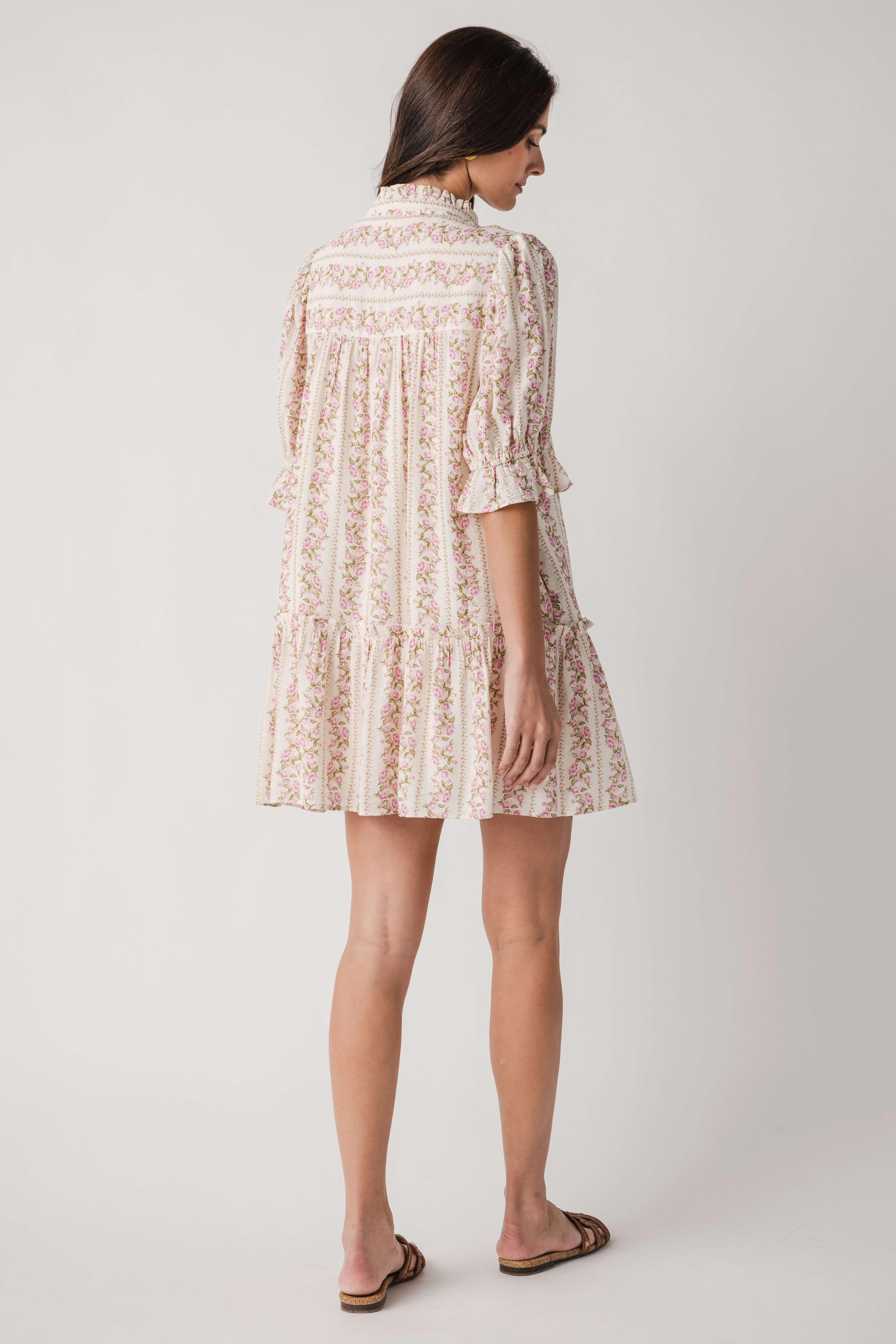 Fate Floral Print High Ruffled Collar Button Down Dress
