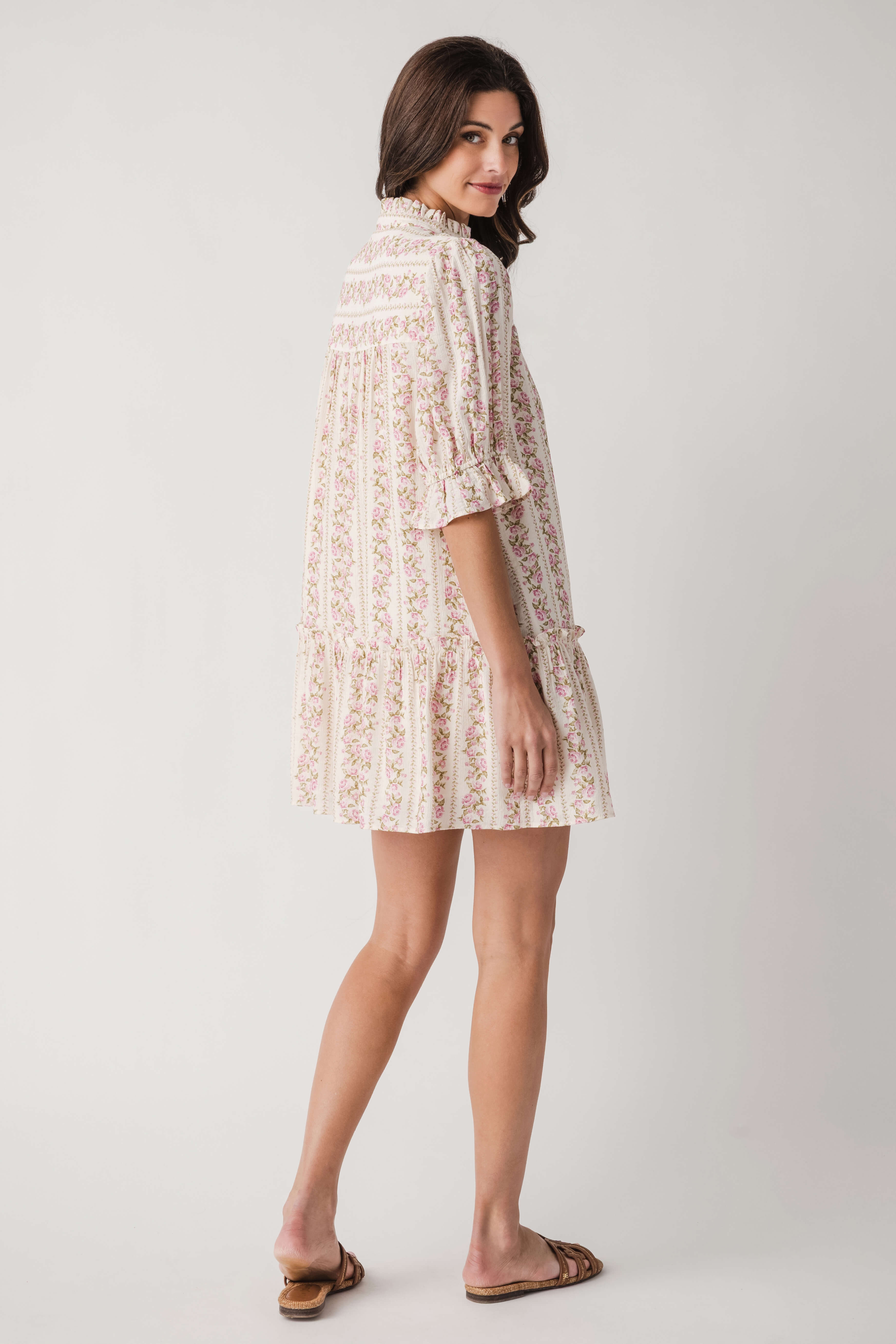 Fate Floral Print High Ruffled Collar Button Down Dress