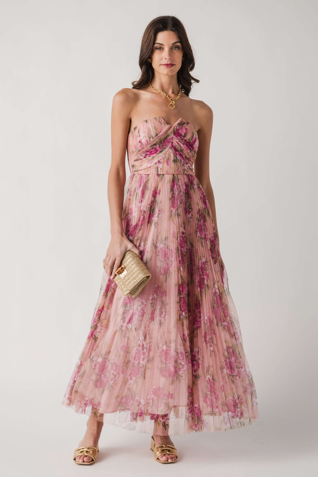 Fate Floral Print Mesh Pleated Maxi Dress