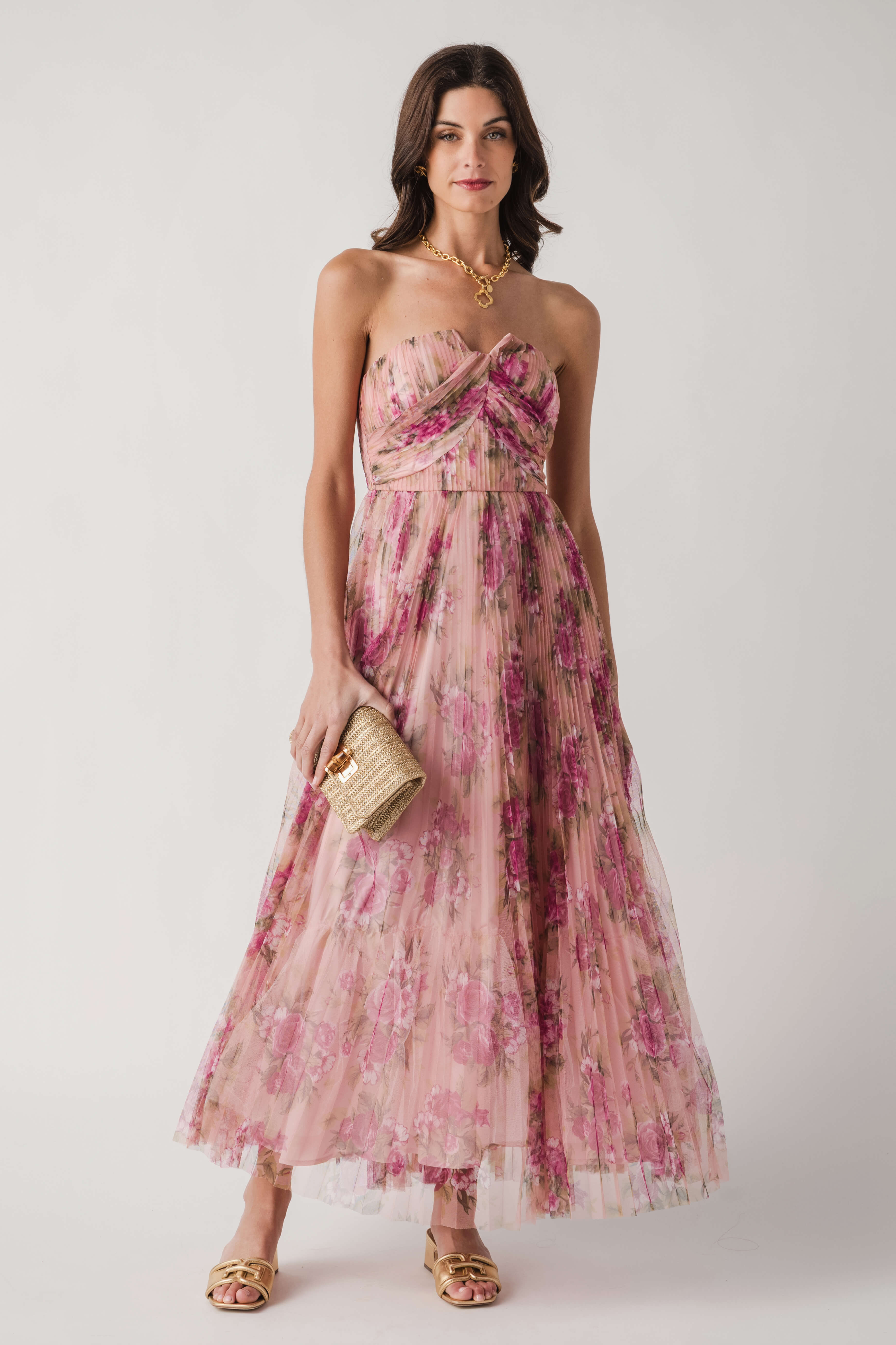 Fate Floral Print Mesh Pleated Maxi Dress