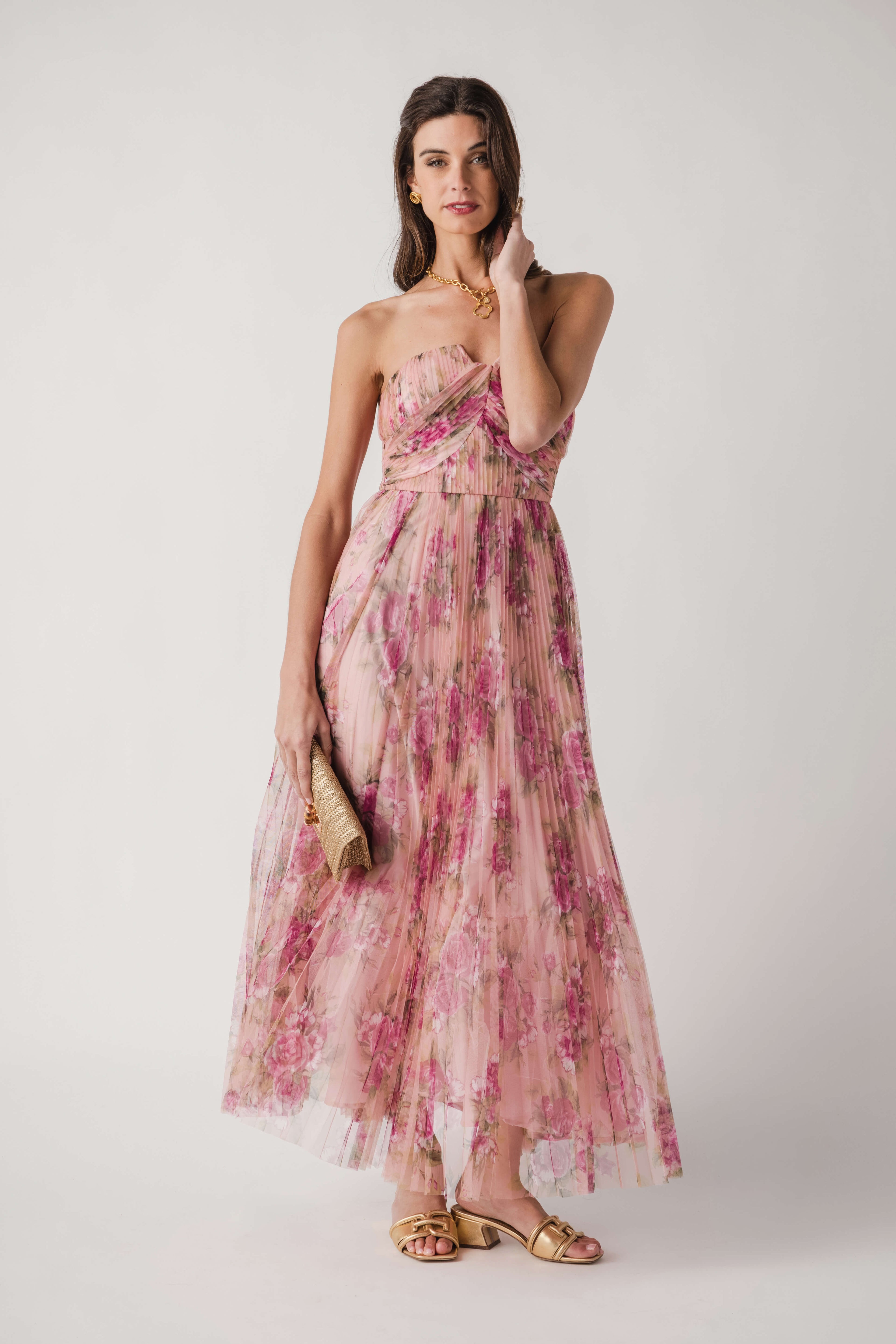 Fate Floral Print Mesh Pleated Maxi Dress