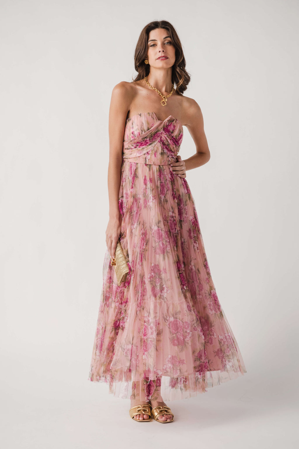 Fate Floral Print Mesh Pleated Maxi Dress