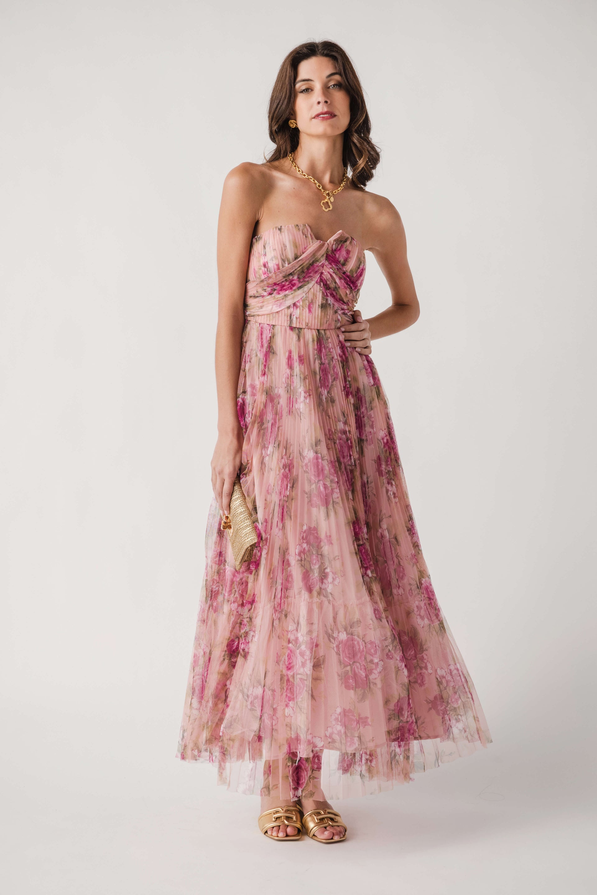 Fate Floral Print Mesh Pleated Maxi Dress  Social Threads