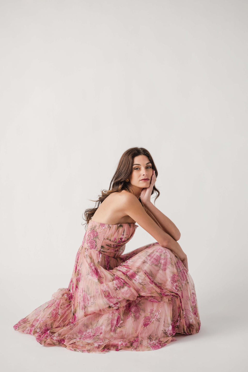 Fate Floral Print Mesh Pleated Maxi Dress