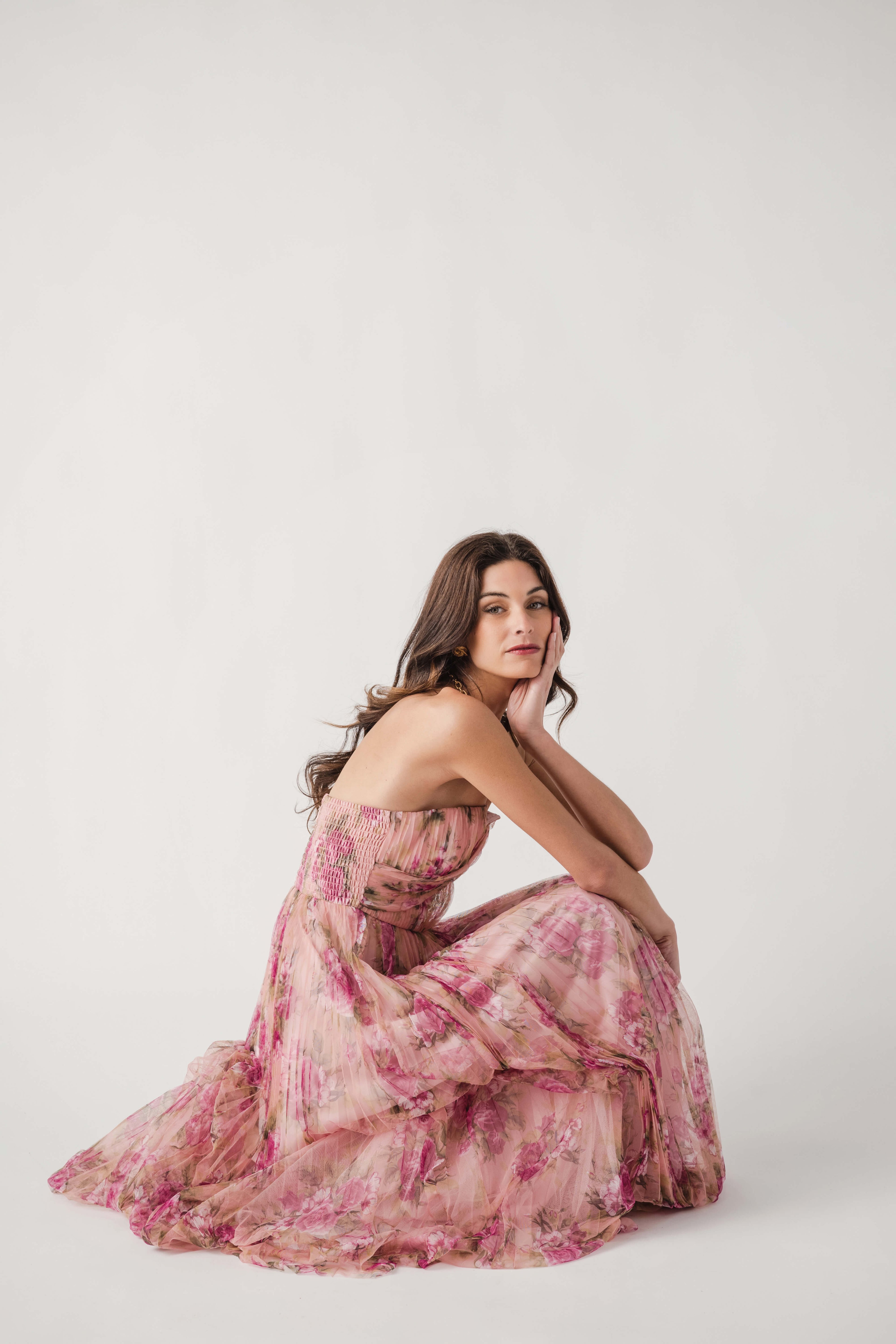 Fate Floral Print Mesh Pleated Maxi Dress