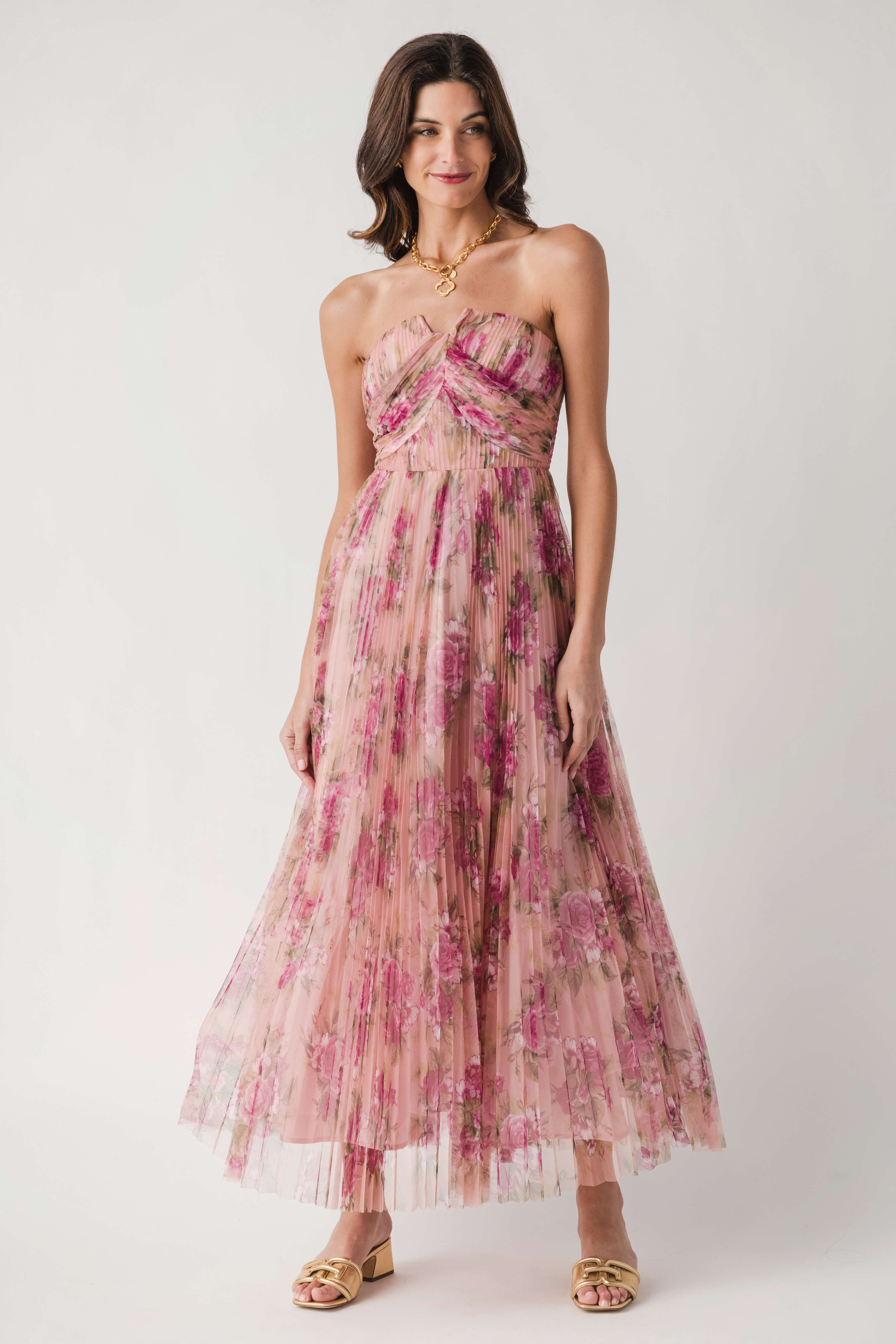 Fate Floral Print Mesh Pleated Maxi Dress