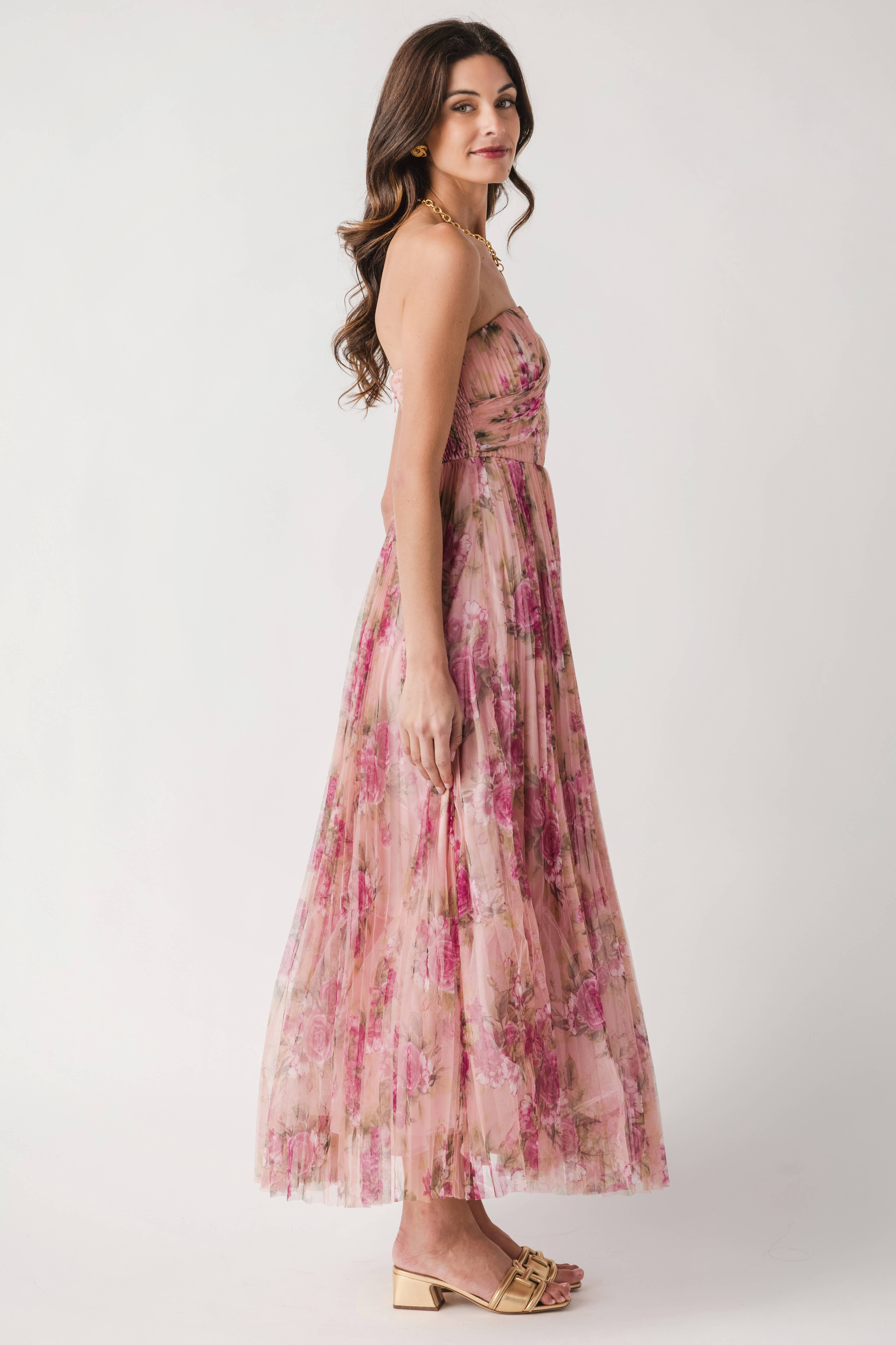 Fate Floral Print Mesh Pleated Maxi Dress