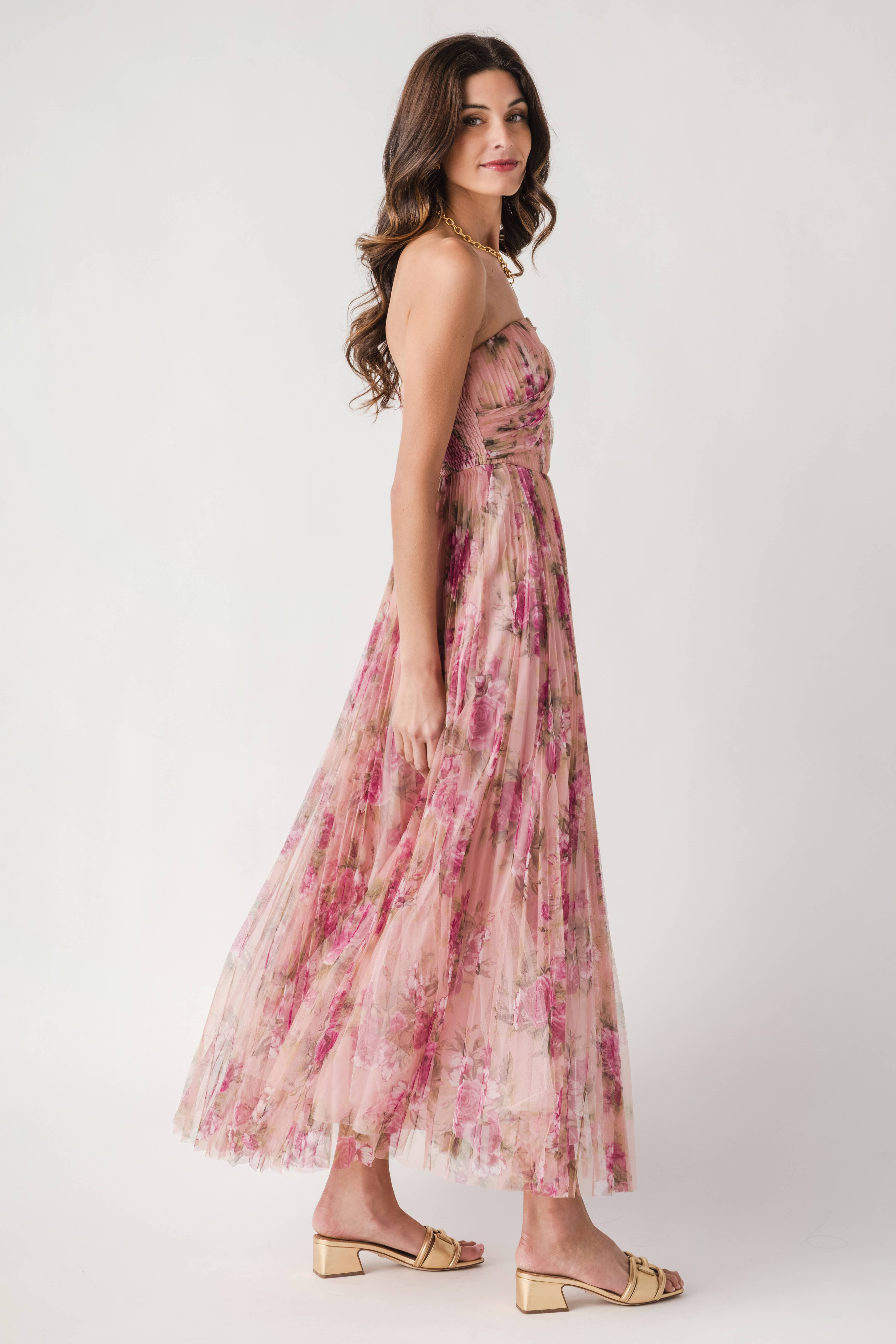 Fate Floral Print Mesh Pleated Maxi Dress