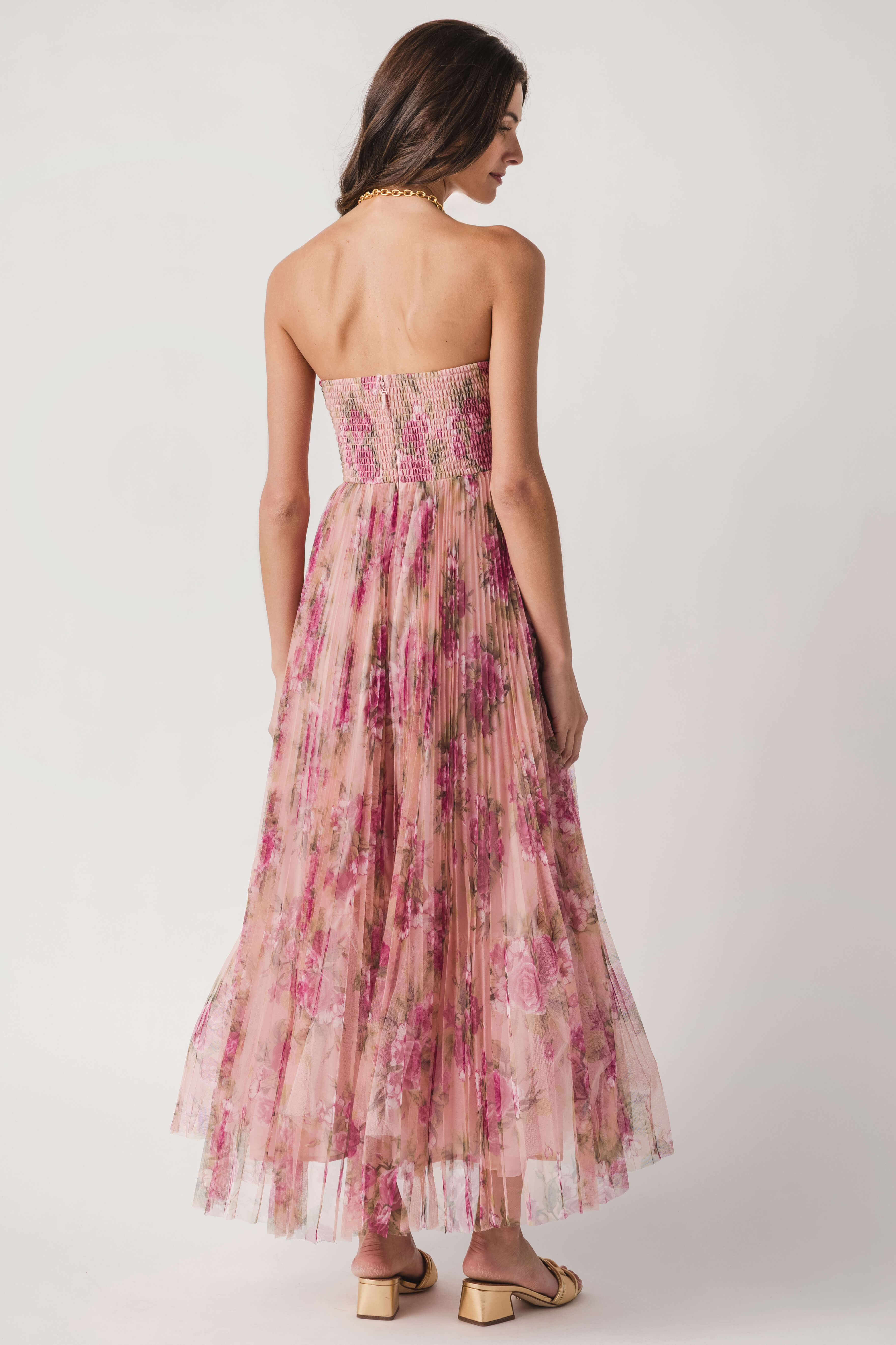 Fate Floral Print Mesh Pleated Maxi Dress