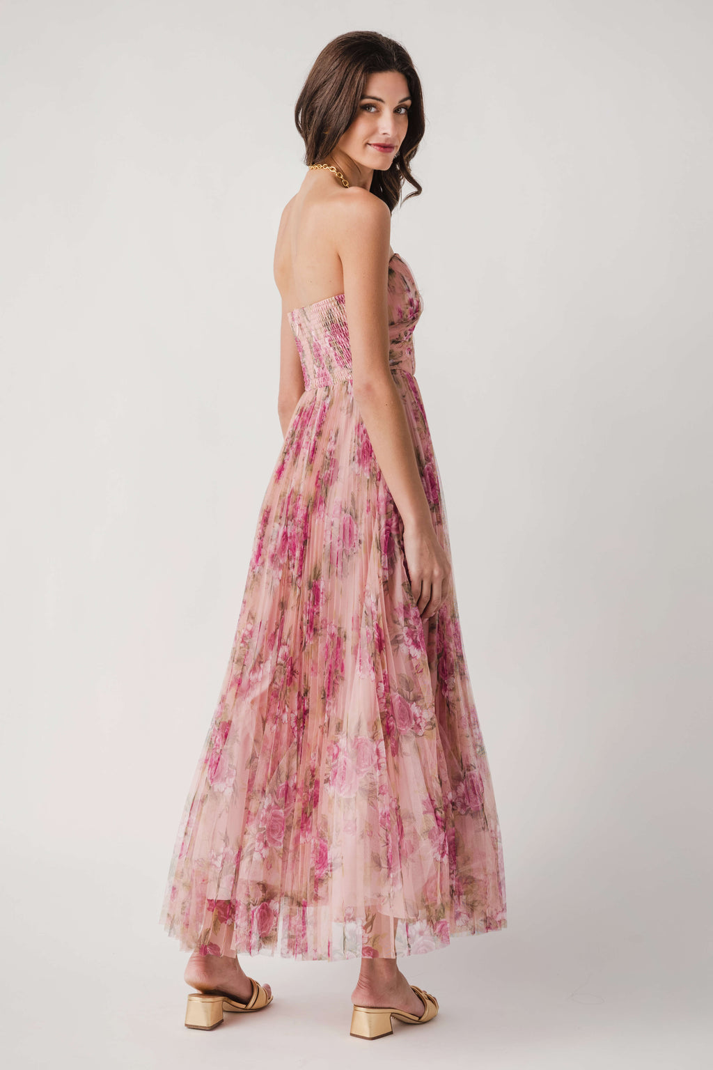 Fate Floral Print Mesh Pleated Maxi Dress