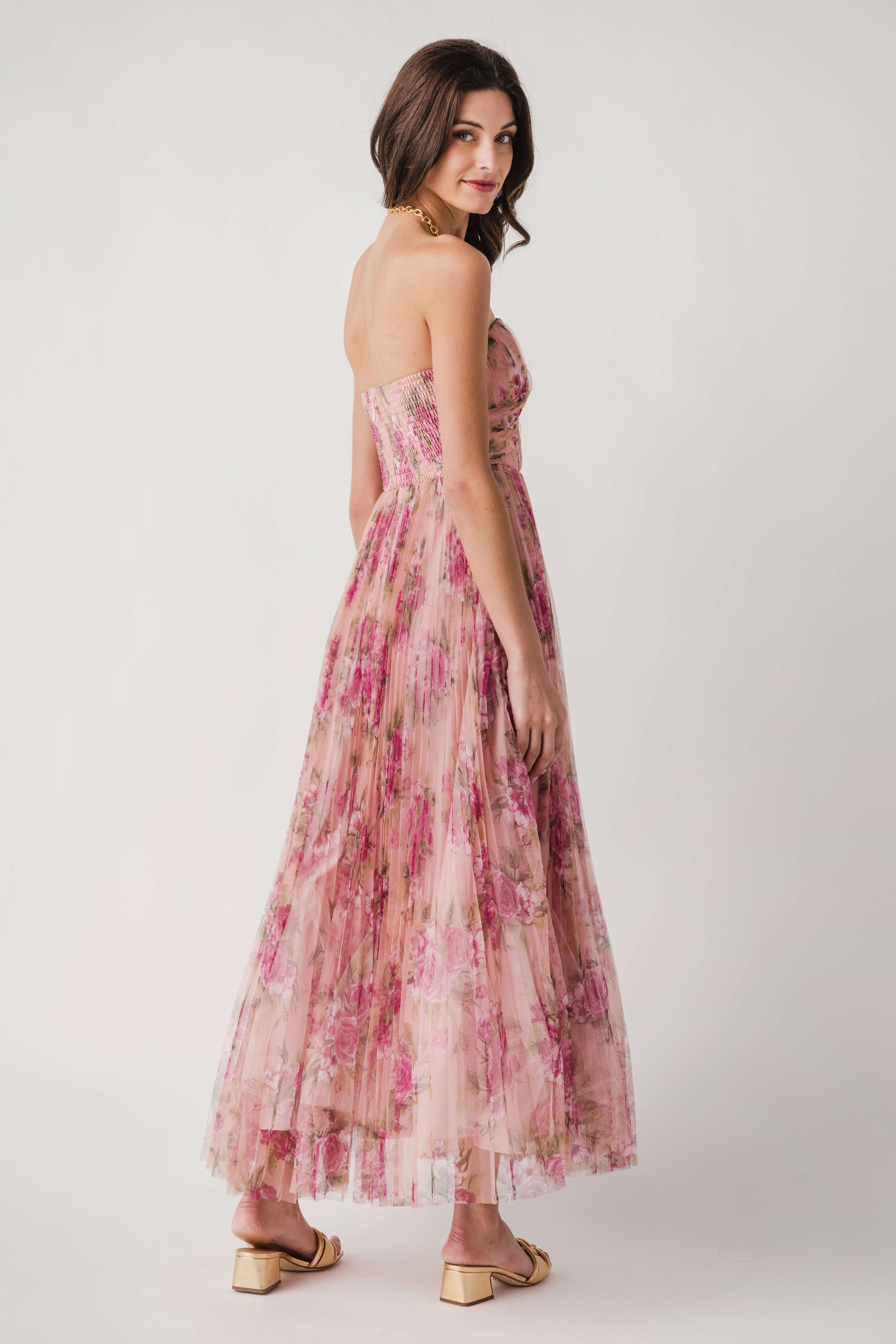 Fate Floral Print Mesh Pleated Maxi Dress