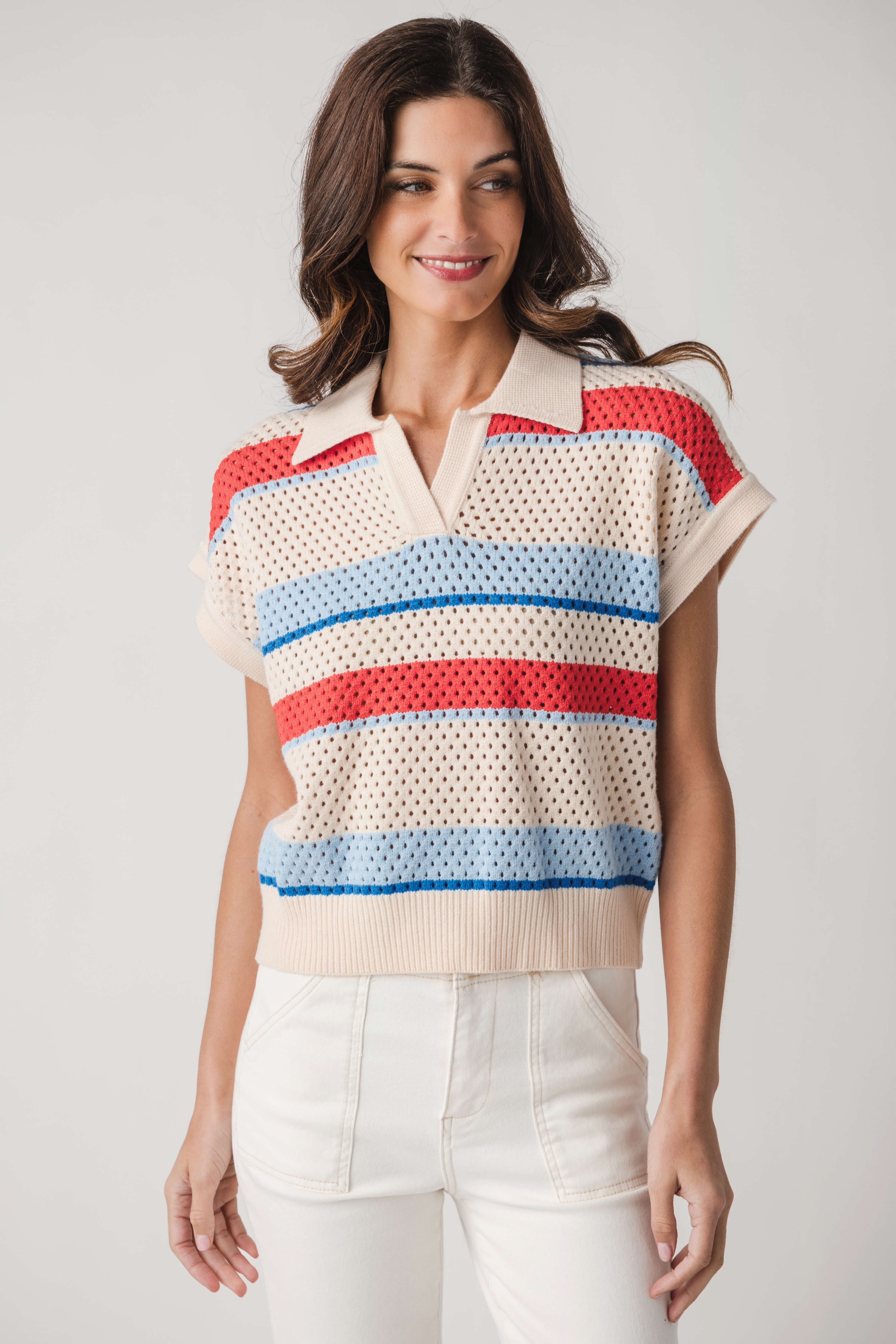 THML Coastal Stripe Knit Polo Top