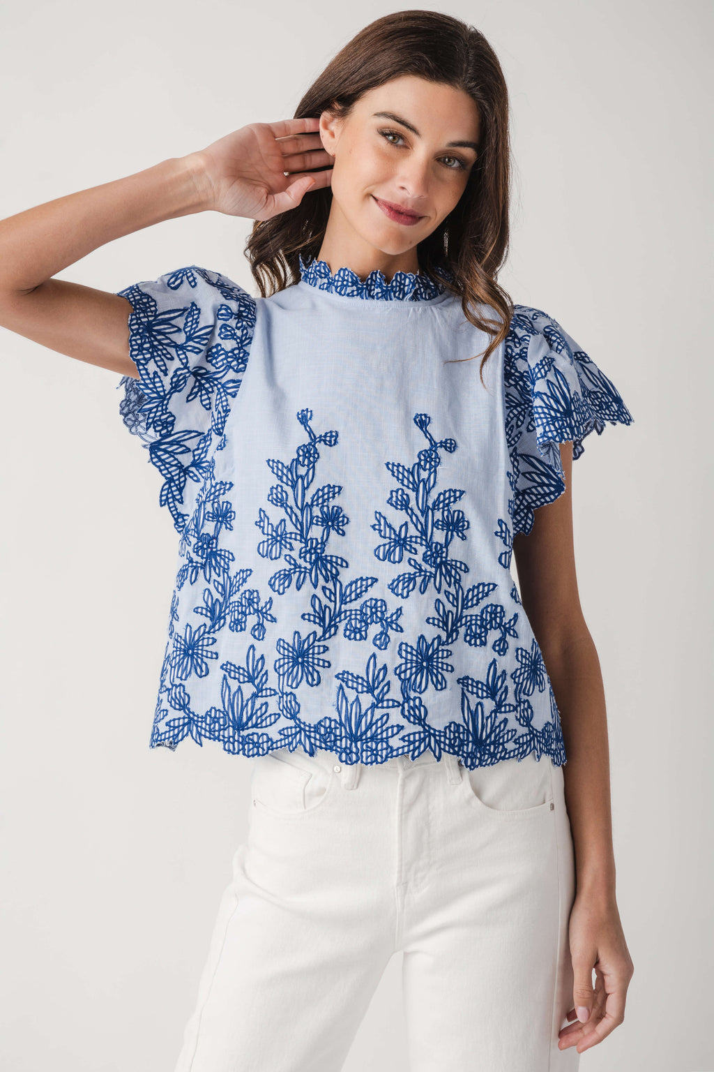Fate Embroidered Ruffle Sleeve Top