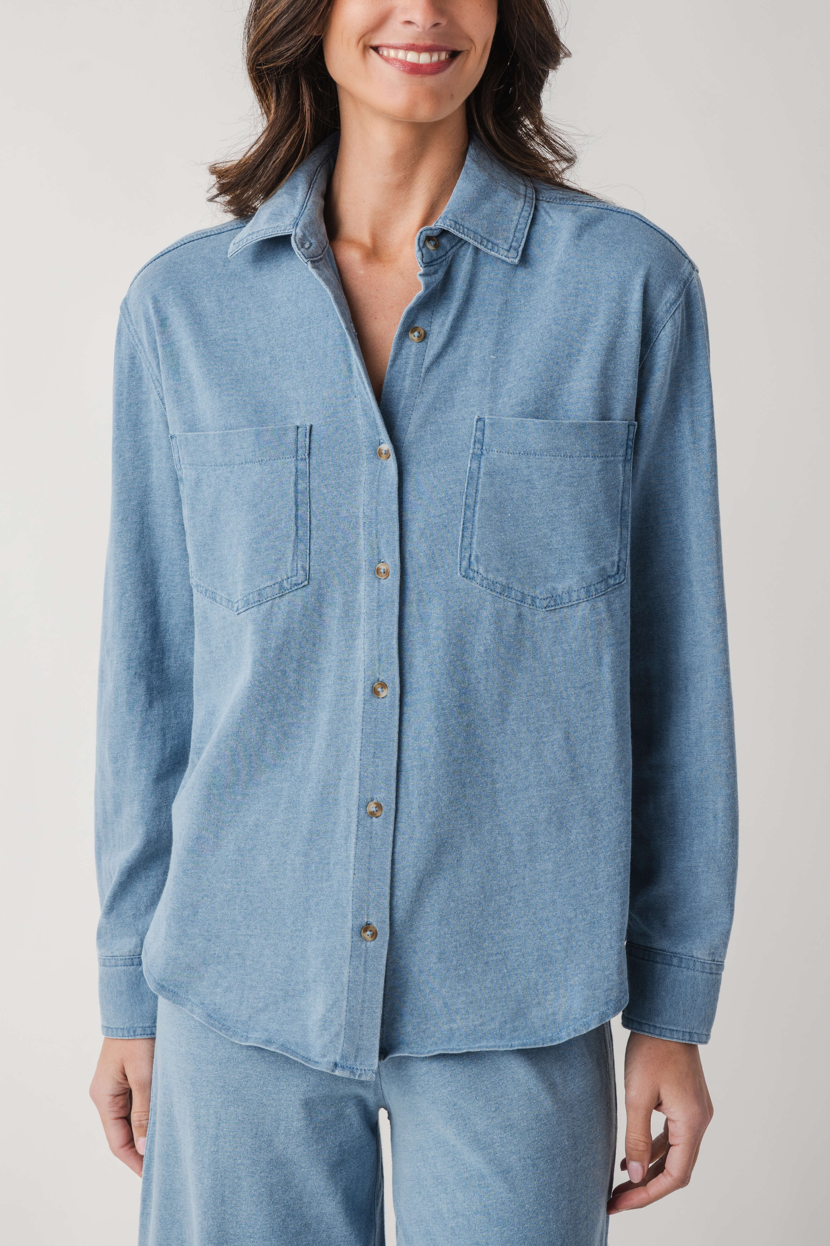 Z Supply Reese Jersey Denim Button Up - Santorini Indigo / Extra Small Z Supply Reese Jersey Denim Button Up - Santorini Indigo / Extra Small