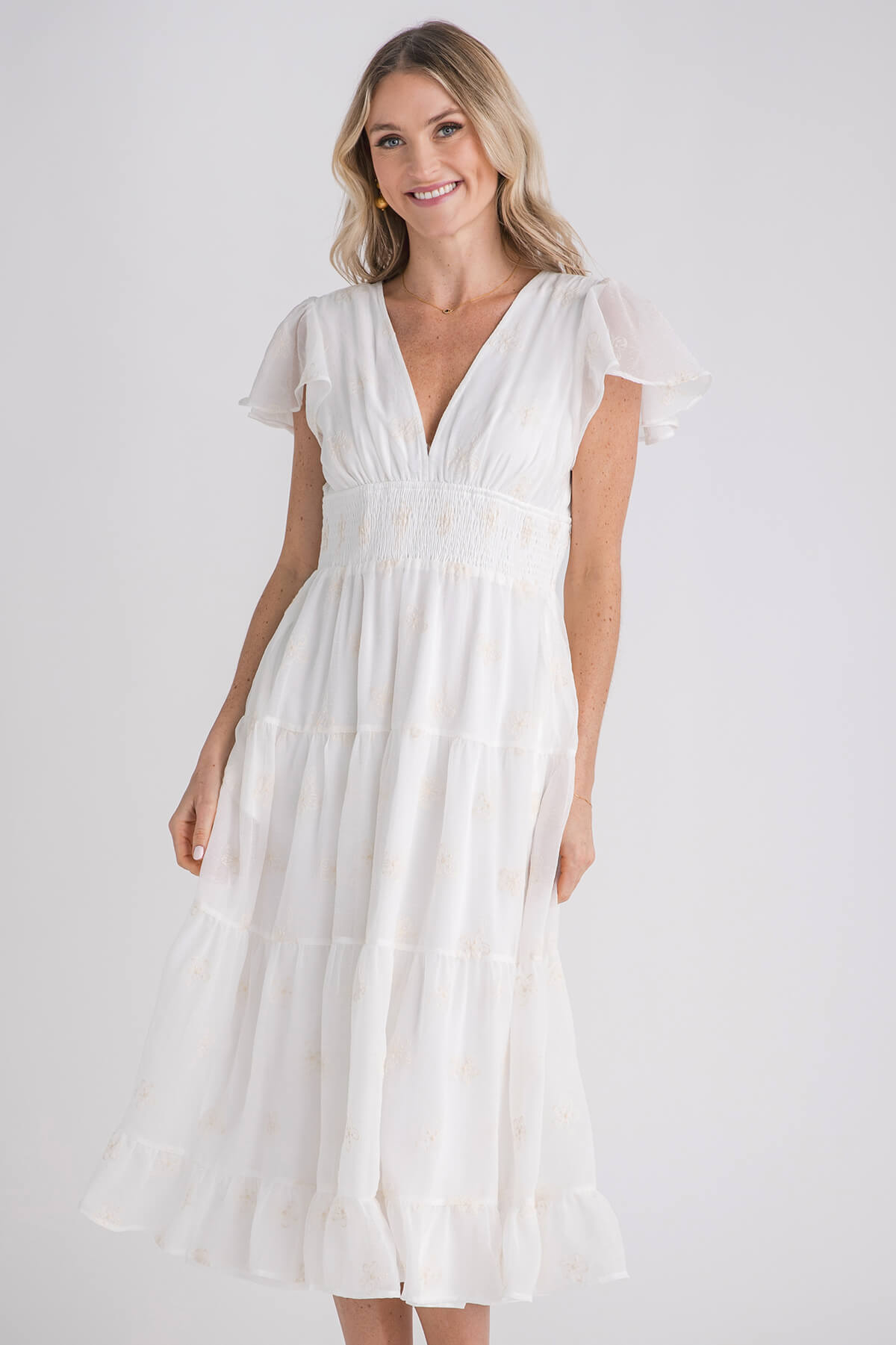 Listicle Flower Embroidred V-neck Tiered Maxi Dress