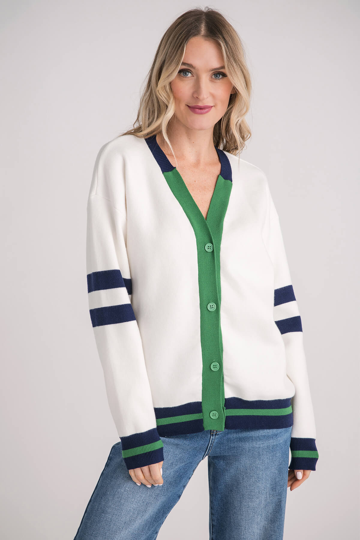 Oneleven Loose Striped Contrast Color Knitted Cardigan