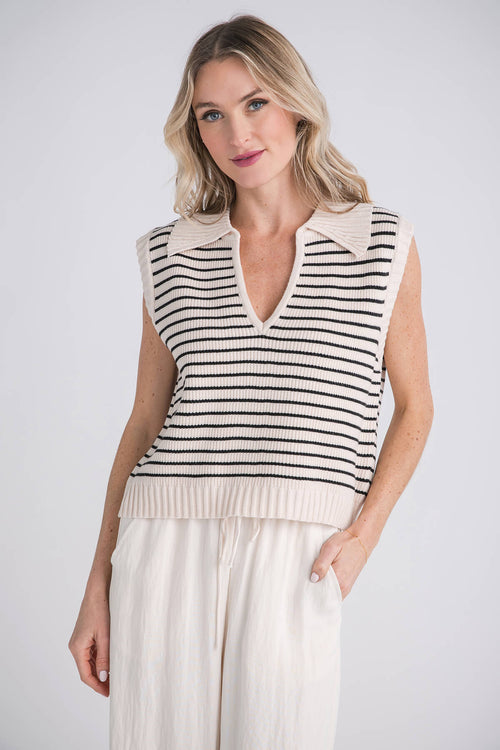 By Together Striped Sleeveless Polo Knit Sweater