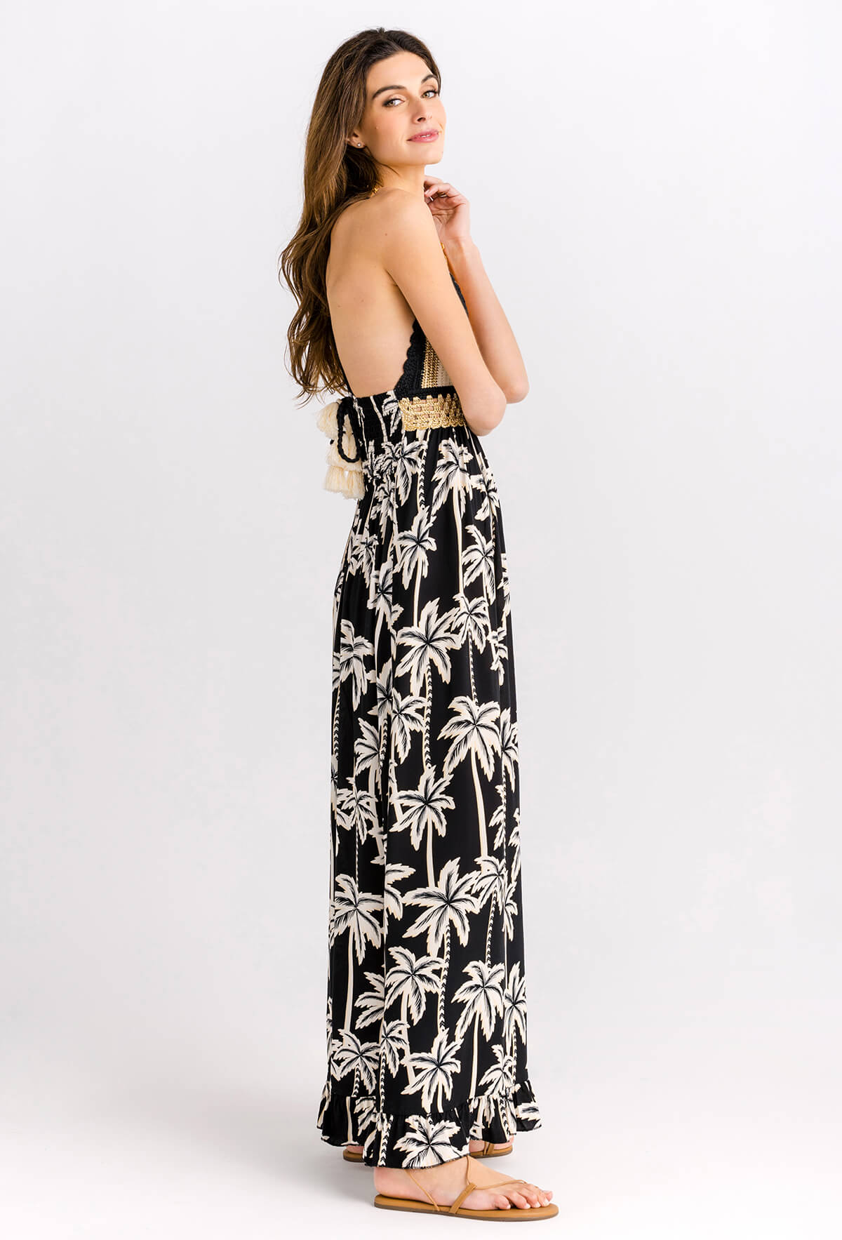 Surf Gypsy Festival Palm Print Crochet Maxi Dress