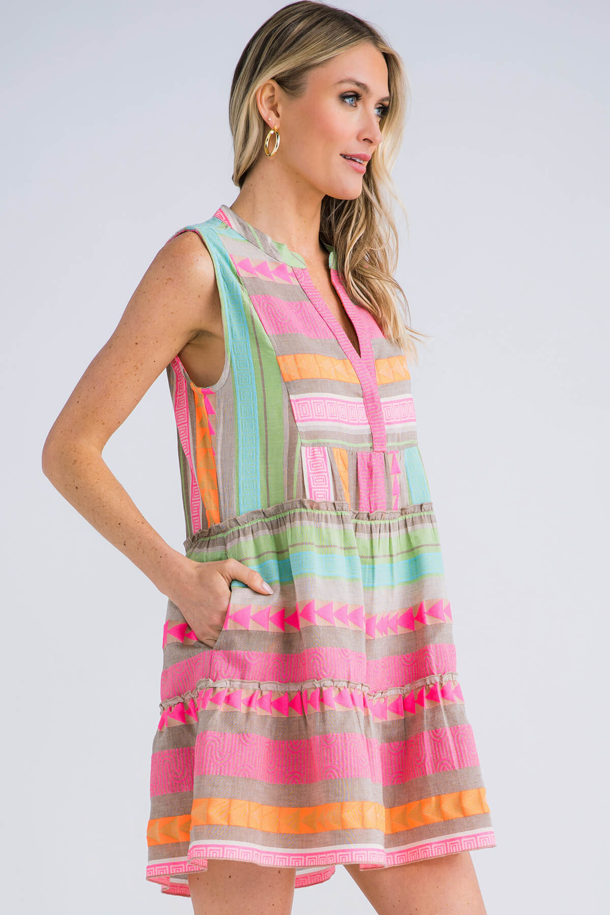 Elan Neon Multi Embroidered Tiered Dress