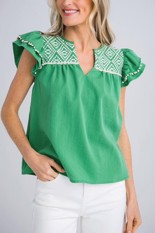 THML Embroidered Flutter Sleeve Top