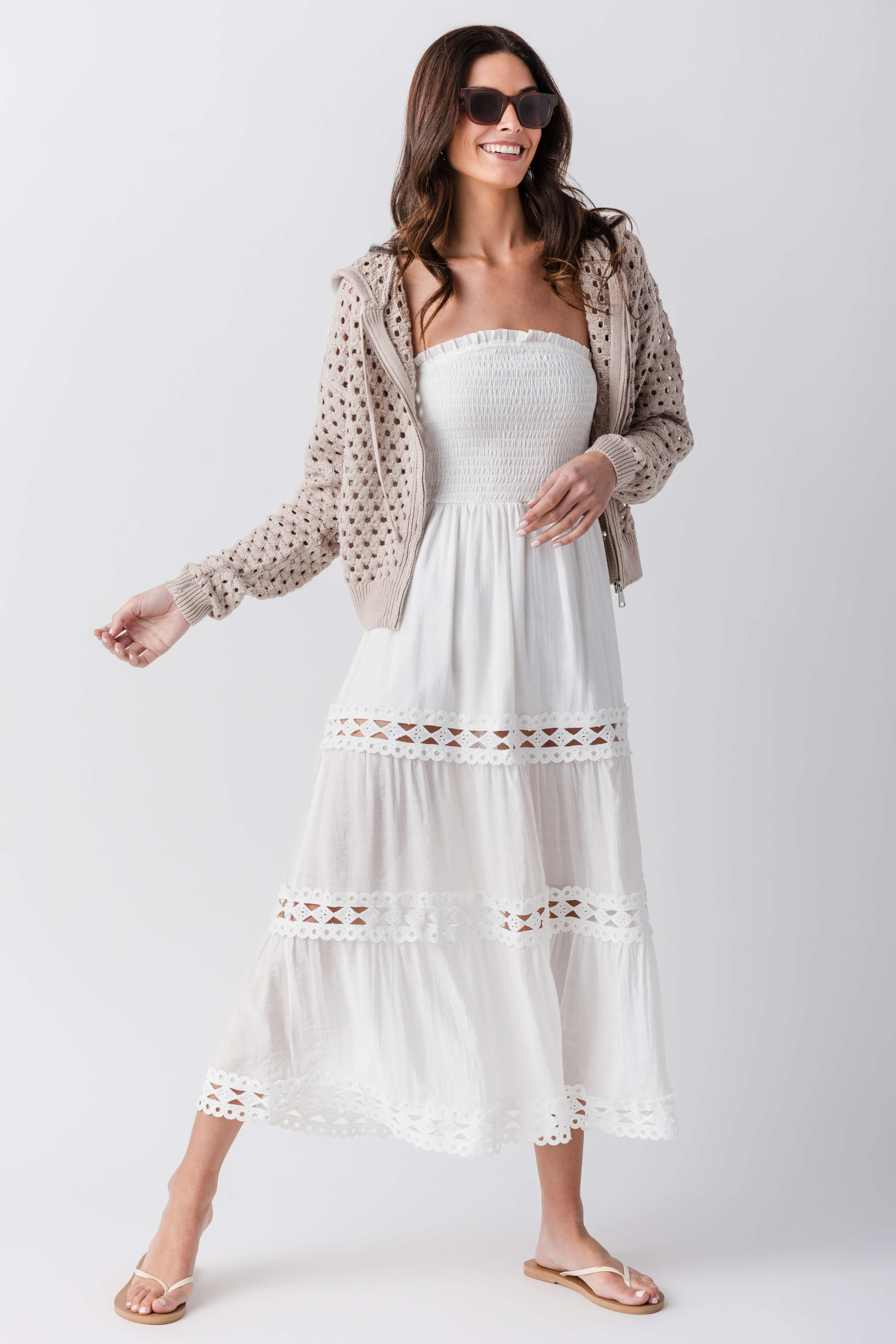 Elan Crochet Hooded Sweater Taupe / Small
