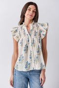 Cream button-up block print top with blue floral print and ruffled cap sleeves