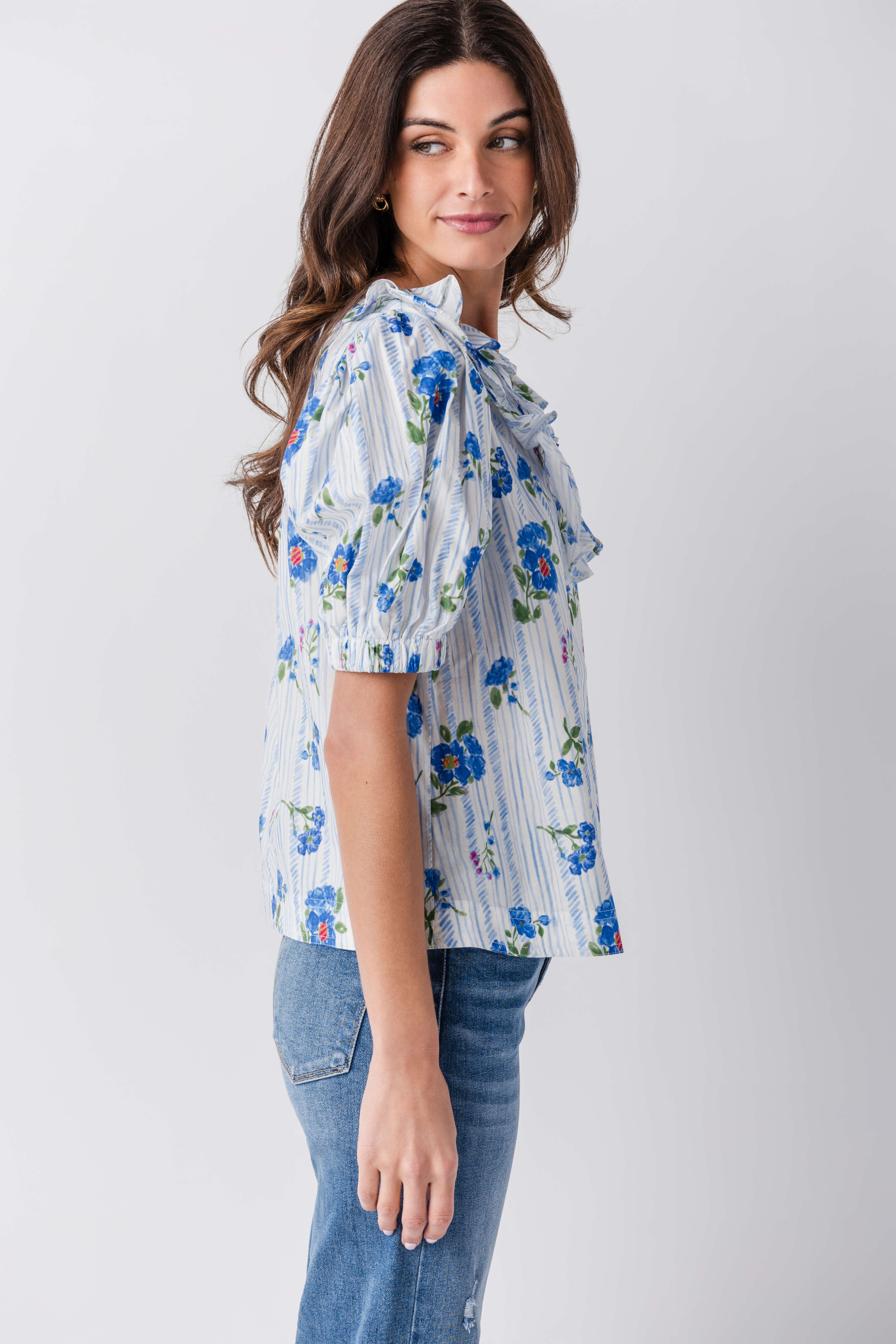 Pinch Striped Floral Puff Sleeve Top