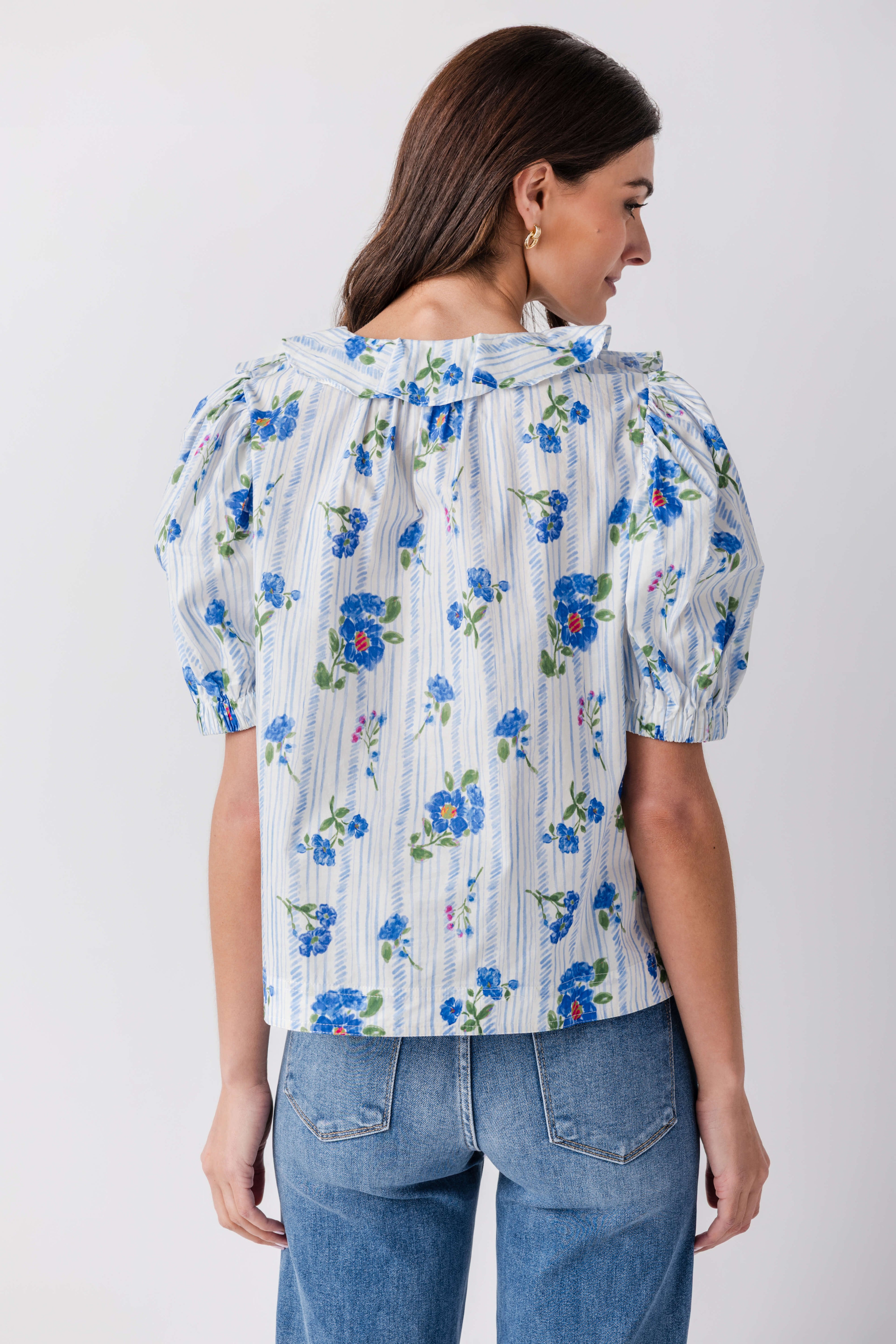 Pinch Striped Floral Puff Sleeve Top