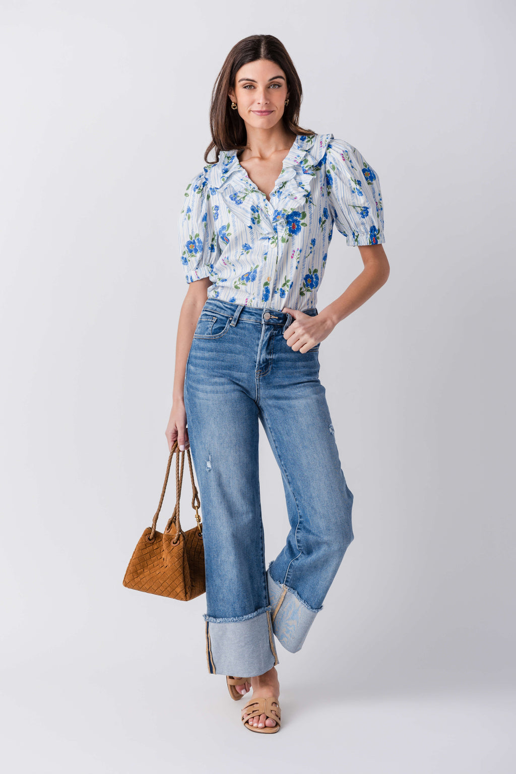 Pinch Striped Floral Puff Sleeve Top