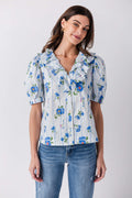 Pinch Striped Floral Puff Sleeve Top