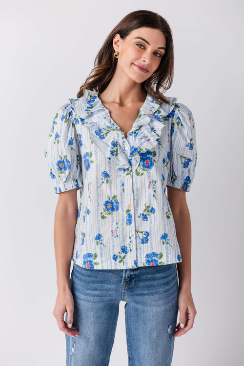 Pinch Striped Floral Puff Sleeve Top
