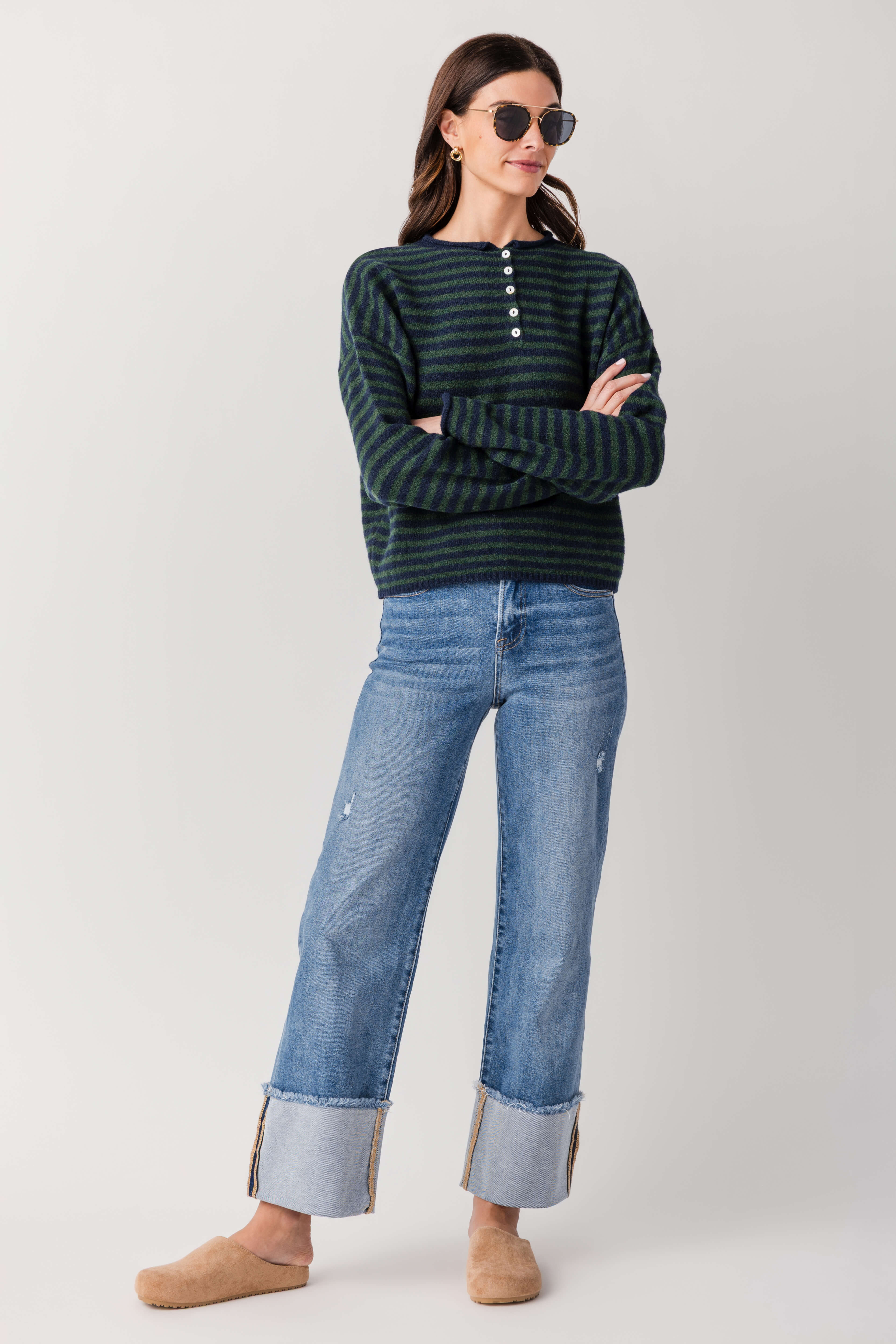 Striped henley pullover, dark green and black stripes with button placket, long sleeves