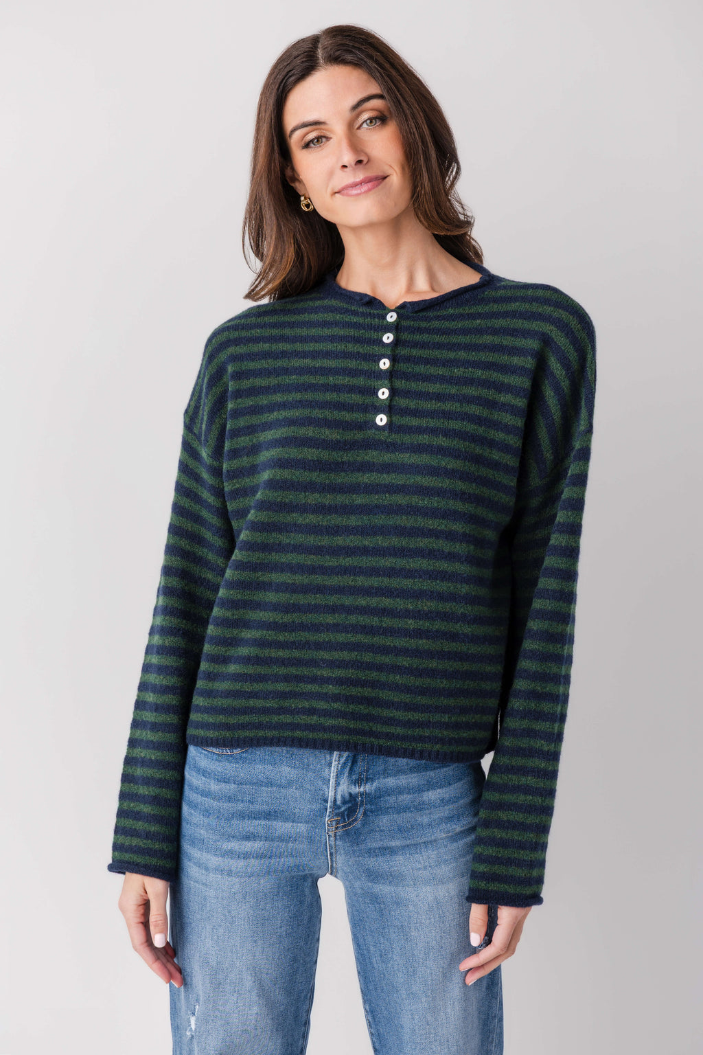 Striped henley pullover, dark green and black stripes with white button front
