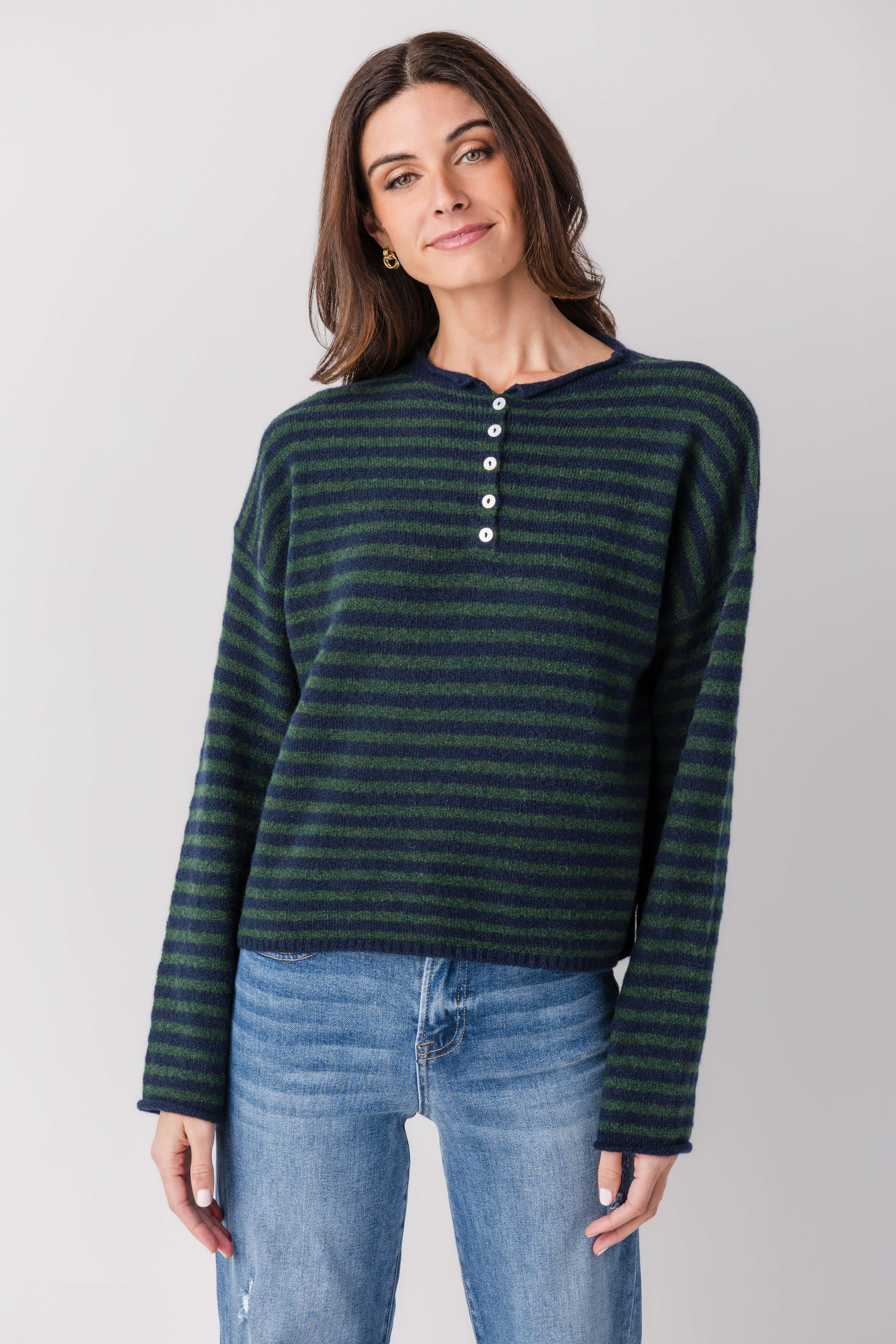 Striped henley pullover, dark green and black stripes with white button front