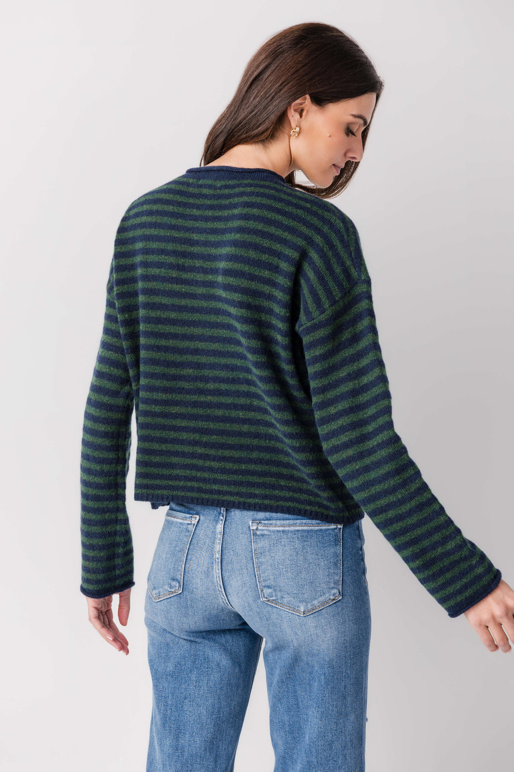 Striped henley pullover, dark green and black striped back view with long sleeves