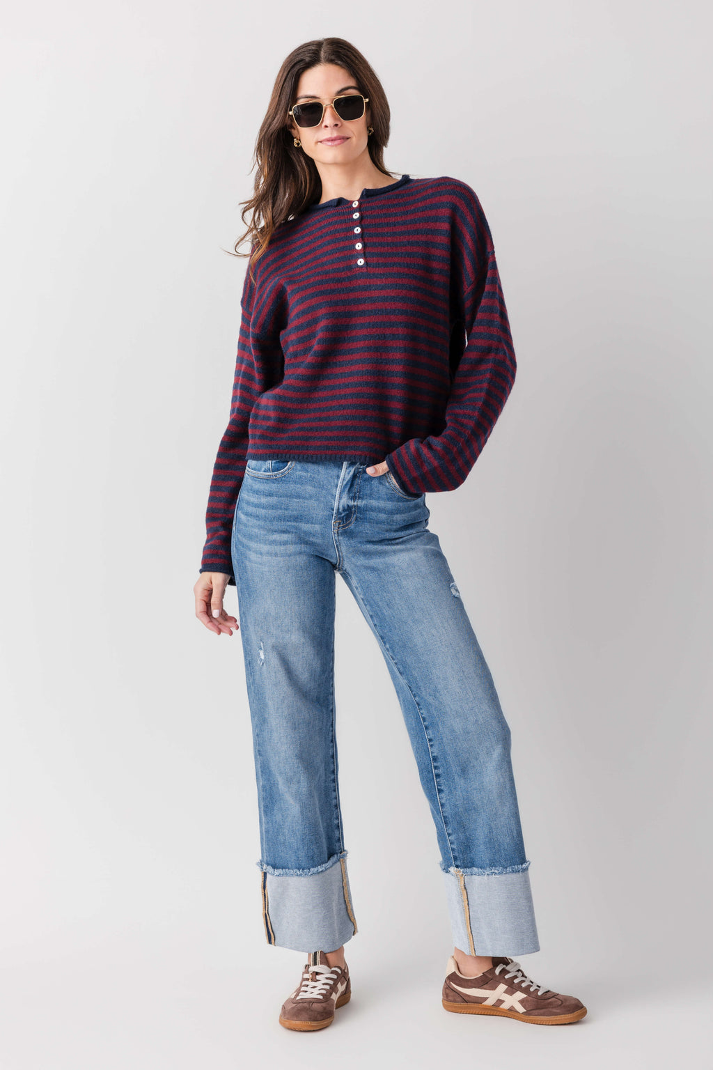 Striped henley pullover, navy and burgundy stripes with button front, long sleeves