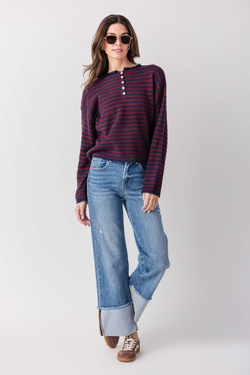 Striped henley pullover, navy and burgundy striped long sleeves with front buttons