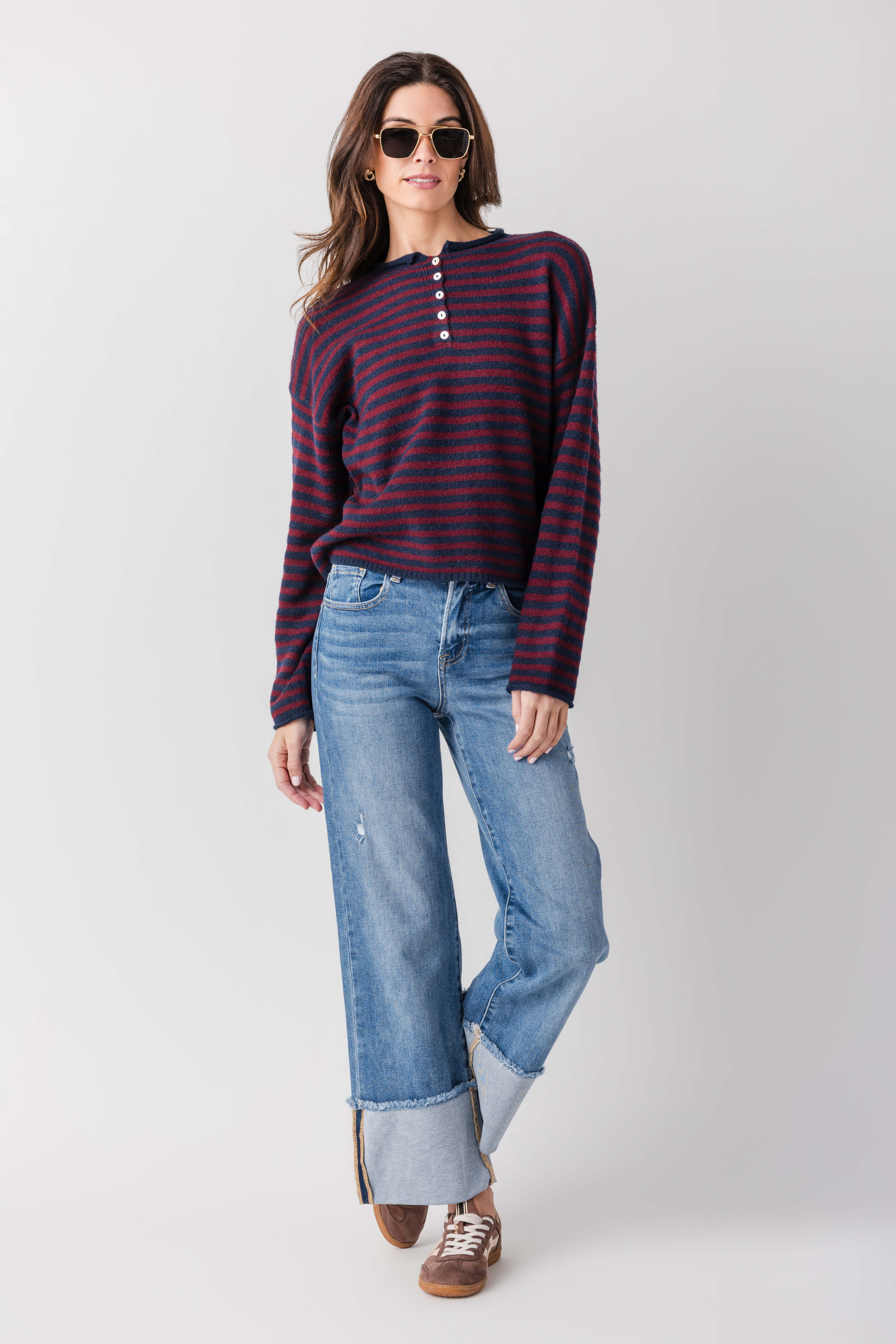 Striped henley pullover, navy and burgundy striped long sleeves with front buttons