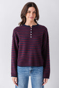 Striped henley pullover, navy and burgundy stripes with button placket, crew neckline
