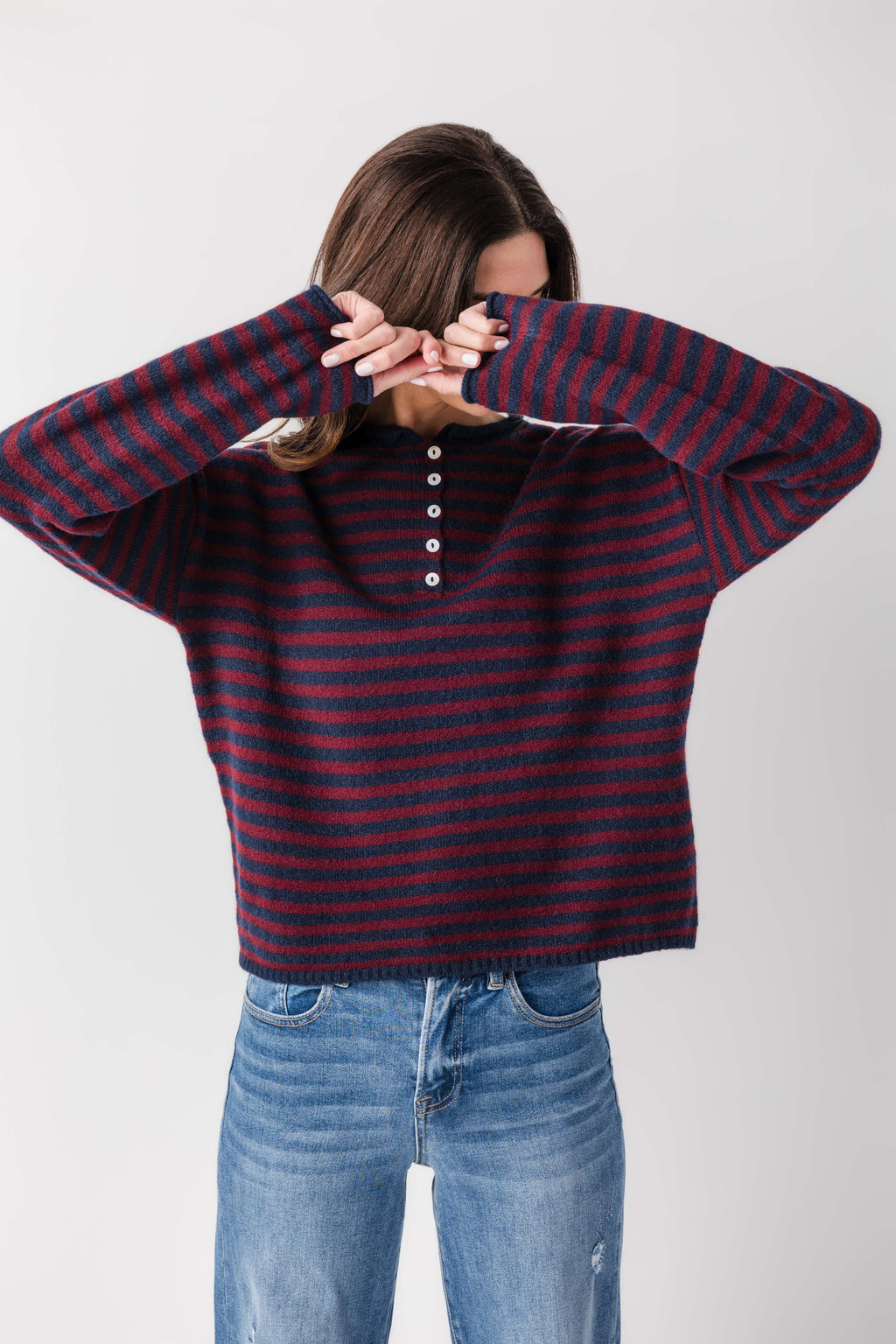 Striped henley pullover, navy and burgundy stripes with button placket, relaxed fit