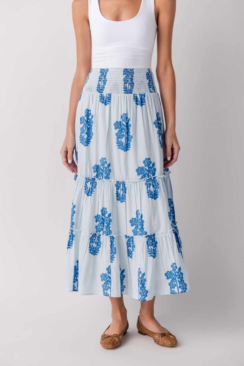 Light blue block print tiered maxi skirt with smocked waist