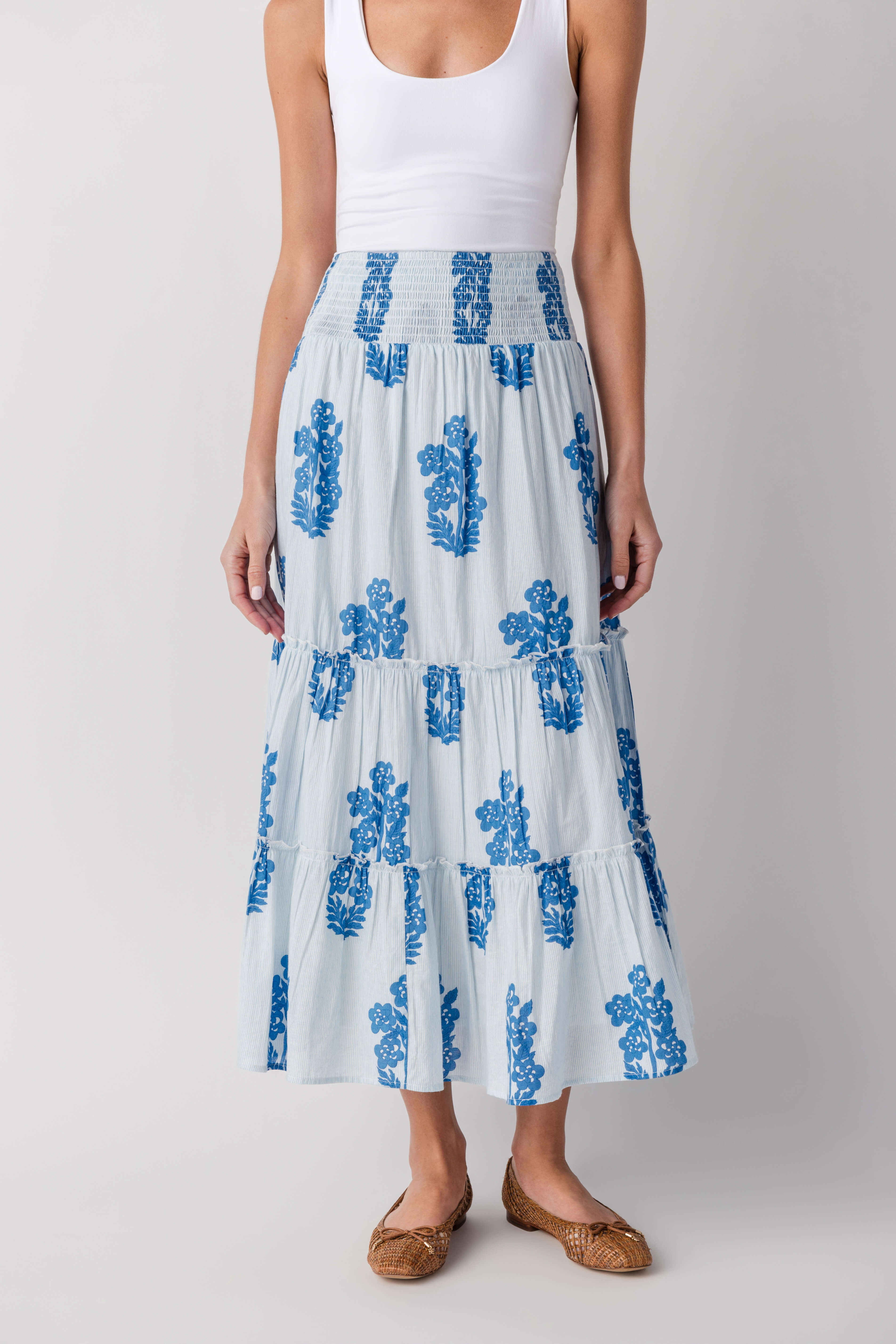 Light blue block print tiered maxi skirt with smocked waist