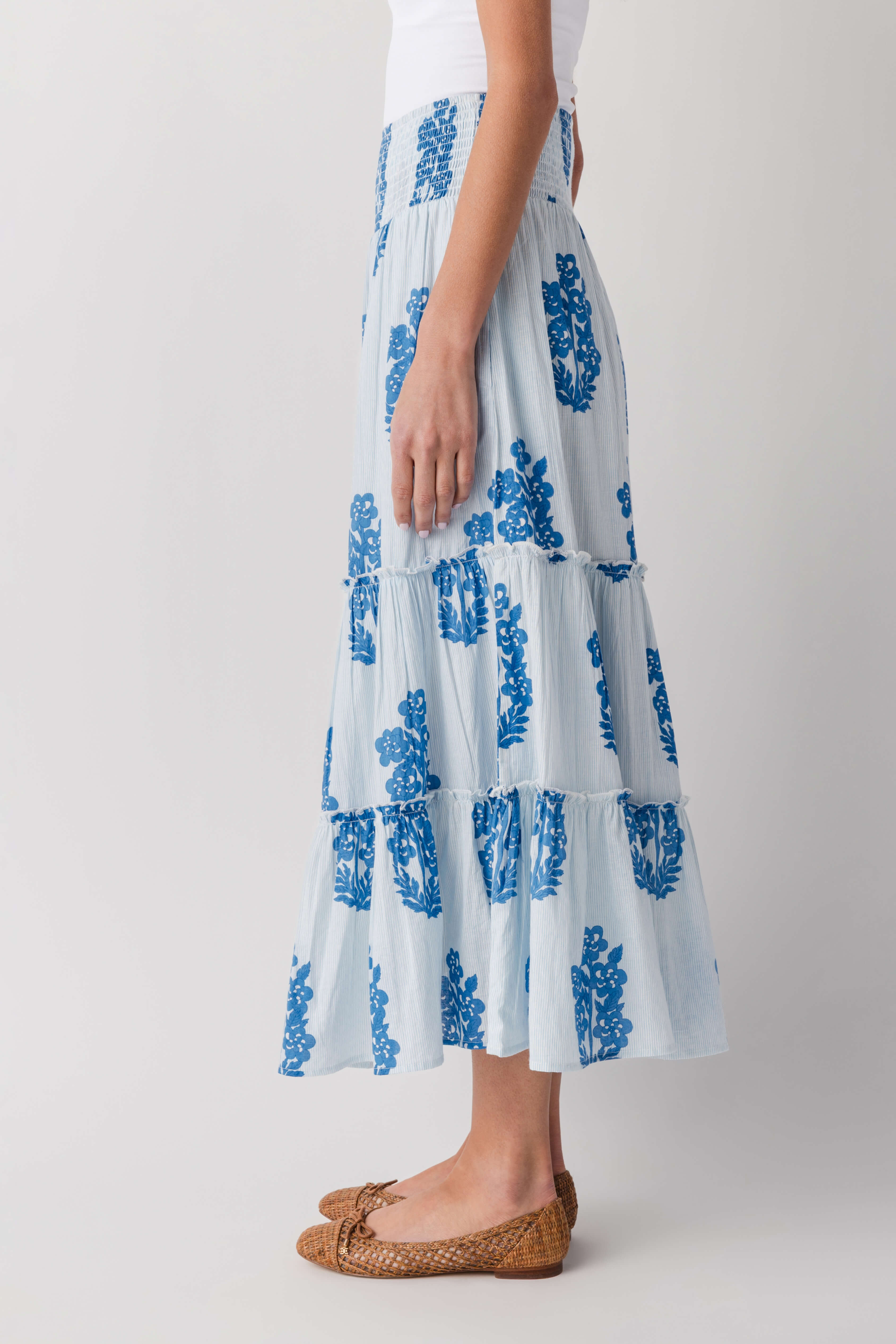 Light blue block print tiered maxi skirt, side view