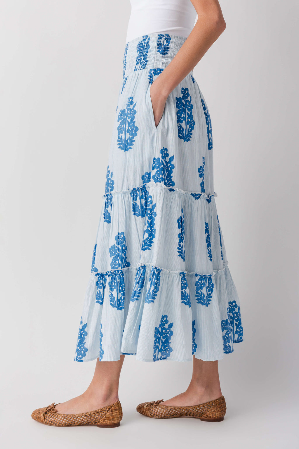 Light blue block print tiered maxi skirt with smocked waist