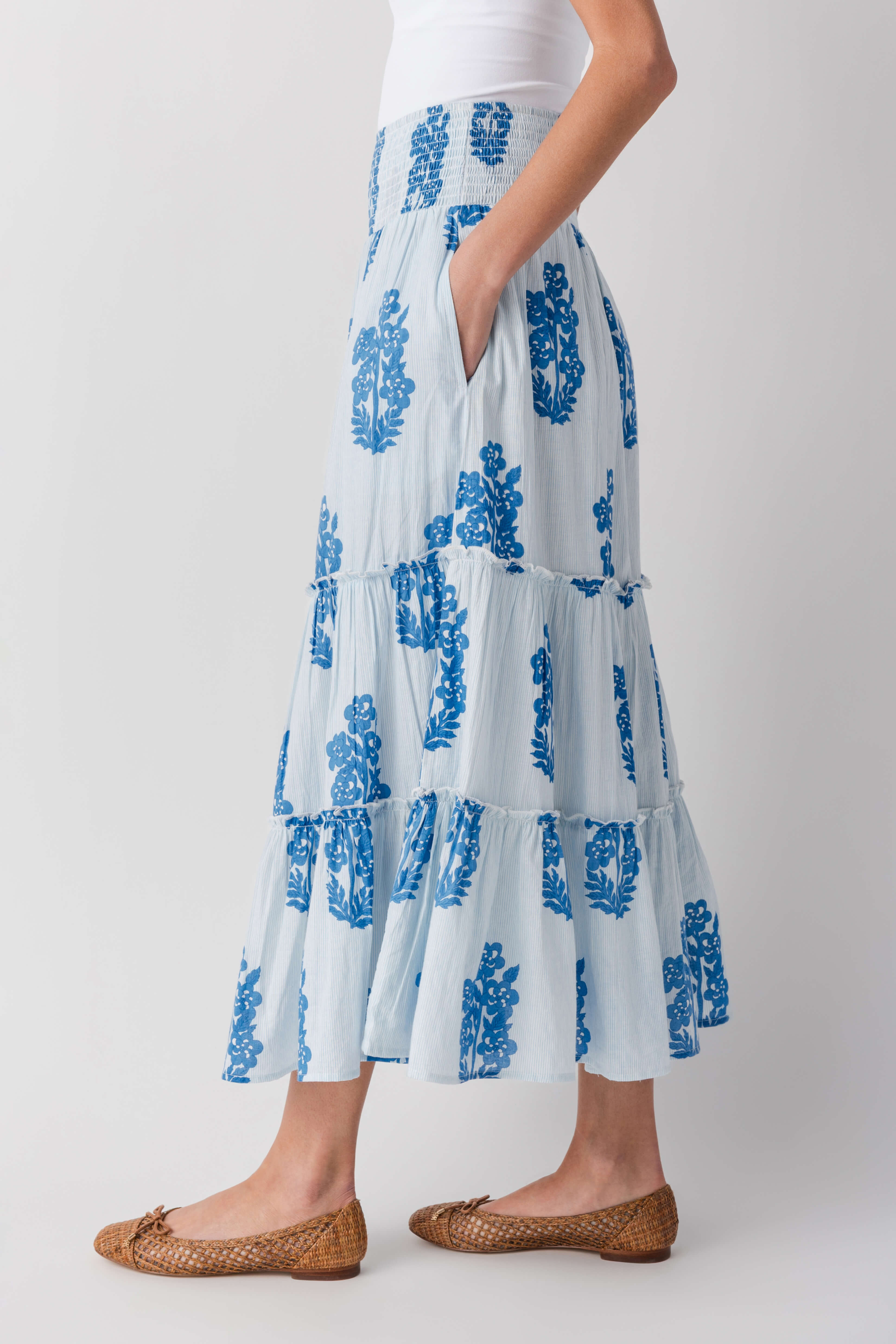 Light blue block print tiered maxi skirt with smocked waist