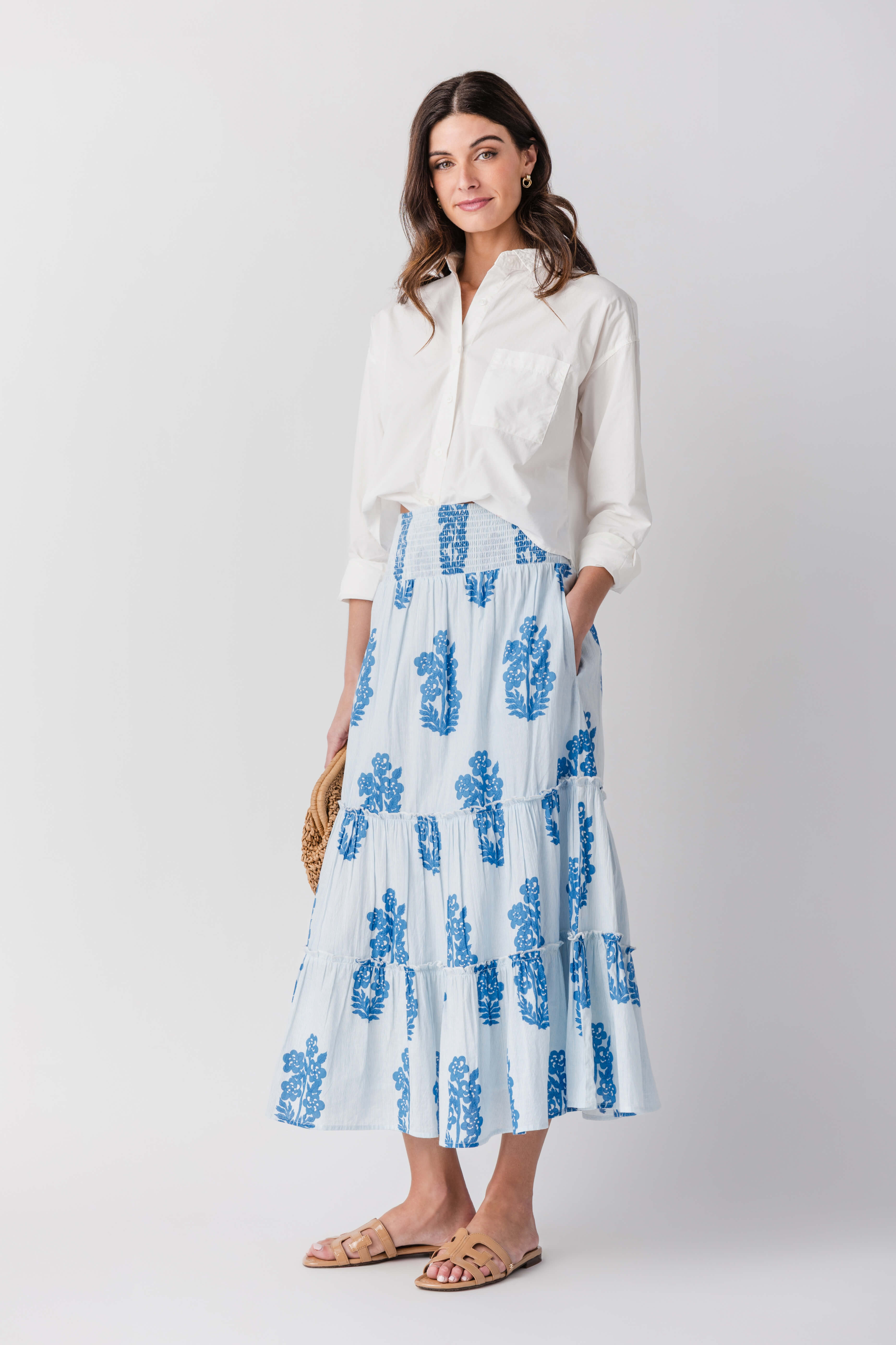 Light blue block print tiered maxi skirt with smocked waist, full length