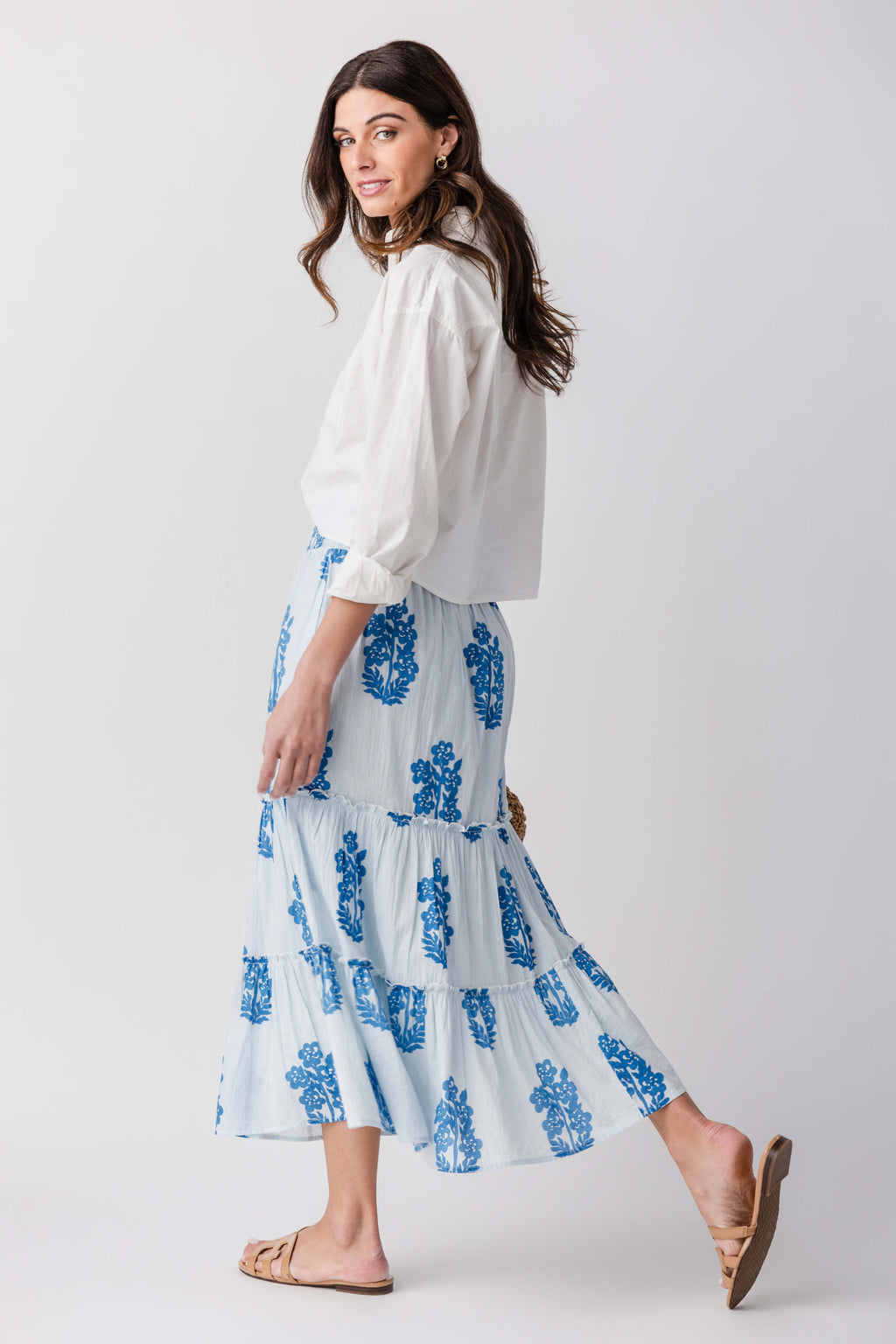 Light blue block print tiered maxi skirt, angled side view